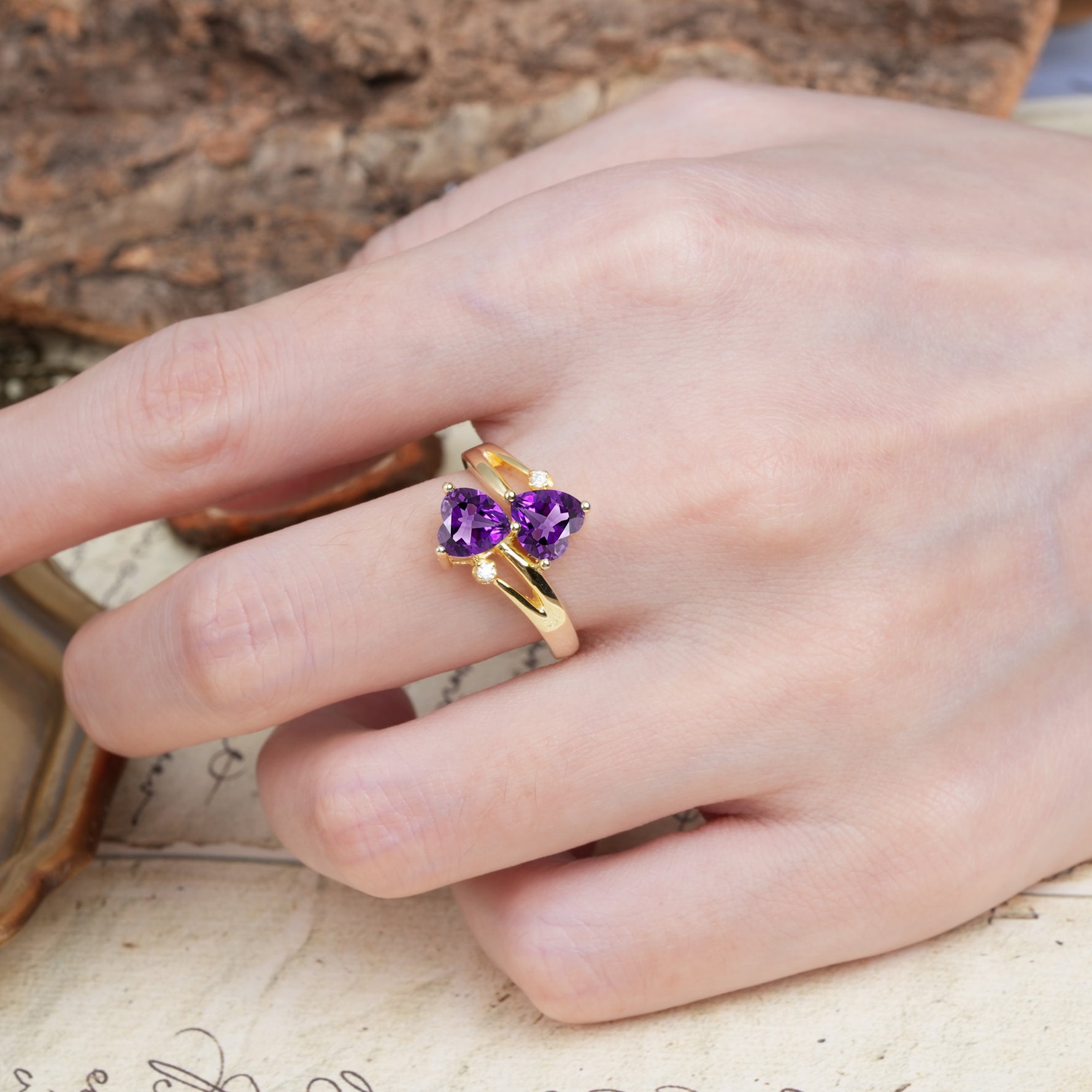Classic Twisted 3-Prong Double Heart Cut Amethyst Engagement Ring - Additional view