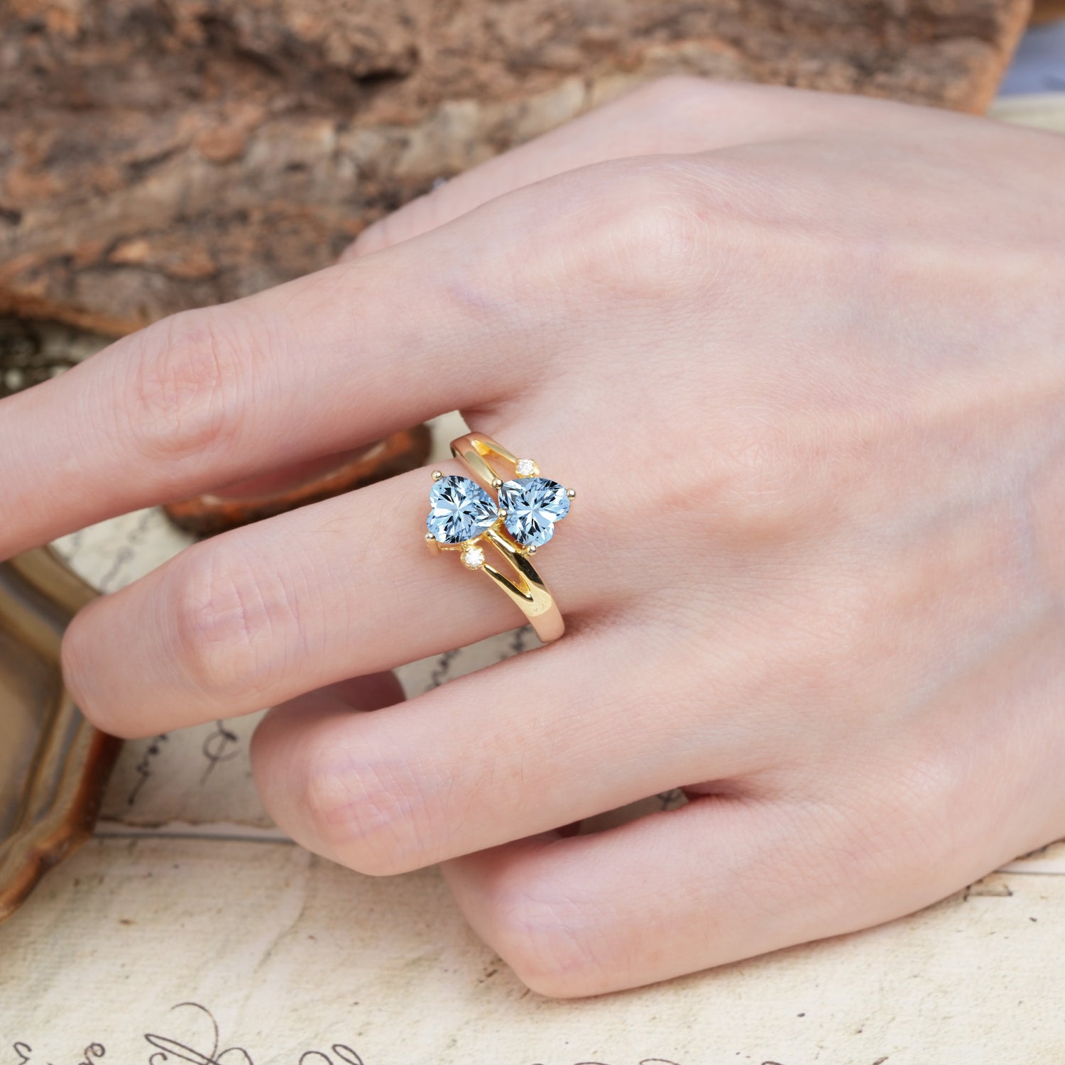 Classic Twisted 3-Prong Double Heart Cut Aquamarine Engagement Ring - Additional view