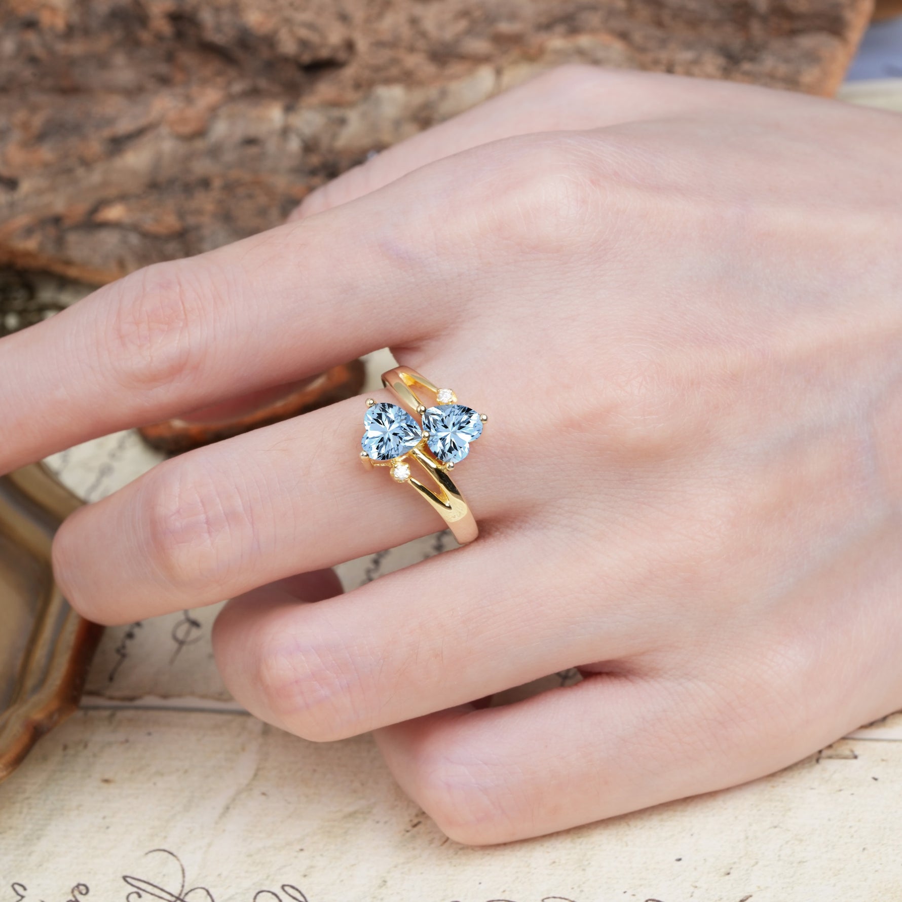 Classic Twisted 3-Prong Double Heart Cut Aquamarine Engagement Ring - Additional view