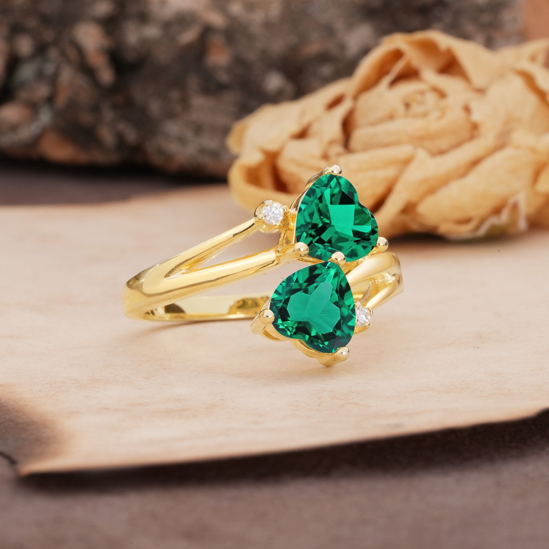 Classic Twisted 3-Prong Double Heart Cut Emerald Engagement Ring - Additional view