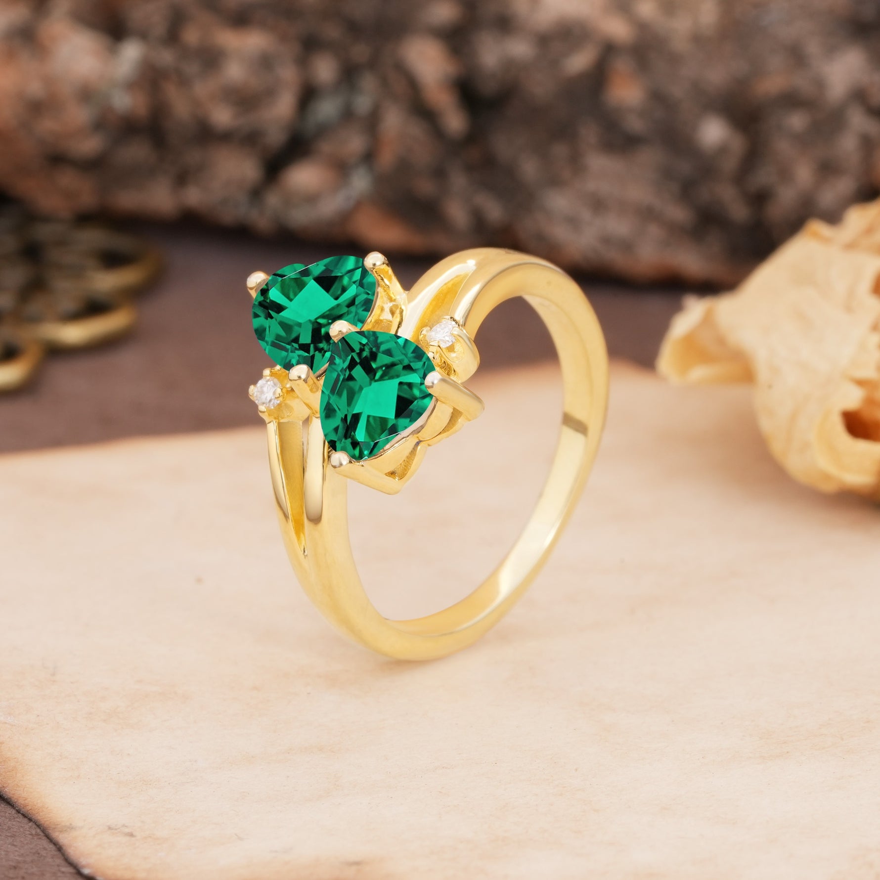 Classic Twisted 3-Prong Double Heart Cut Emerald Engagement Ring - Additional view