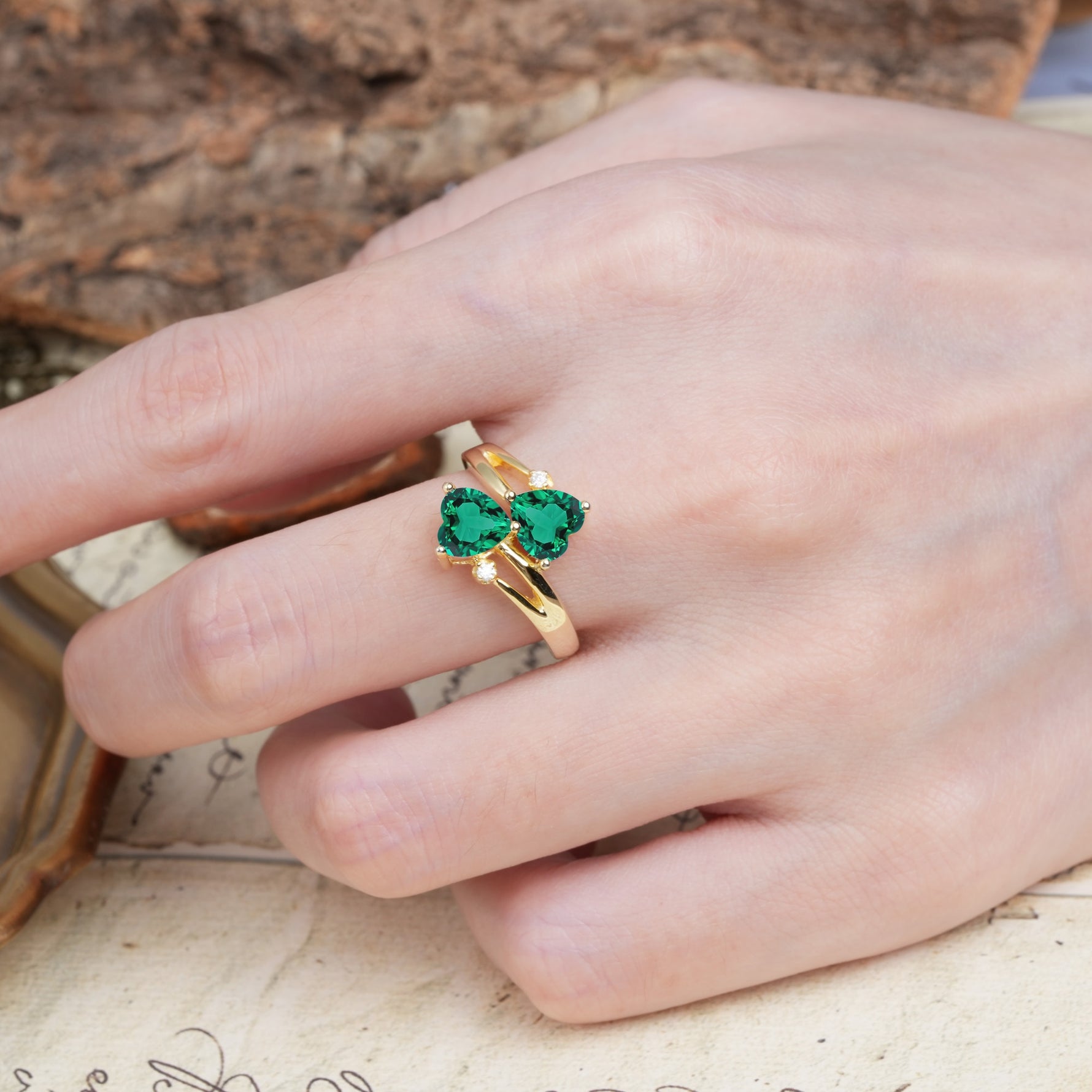 Classic Twisted 3-Prong Double Heart Cut Emerald Engagement Ring - Additional view