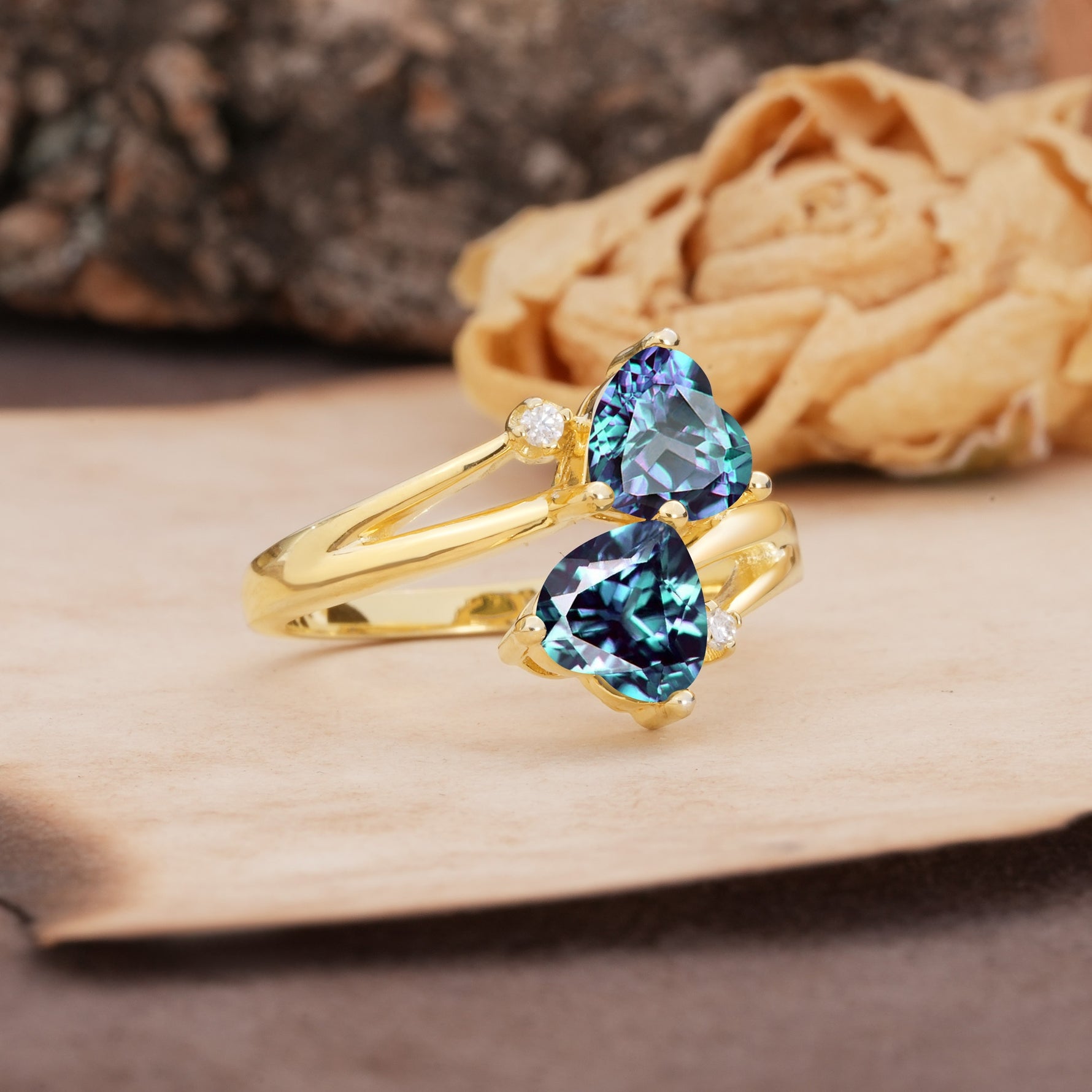 Classic Twisted 3-Prong Double Heart Cut Alexandrite Engagement Ring - Additional view