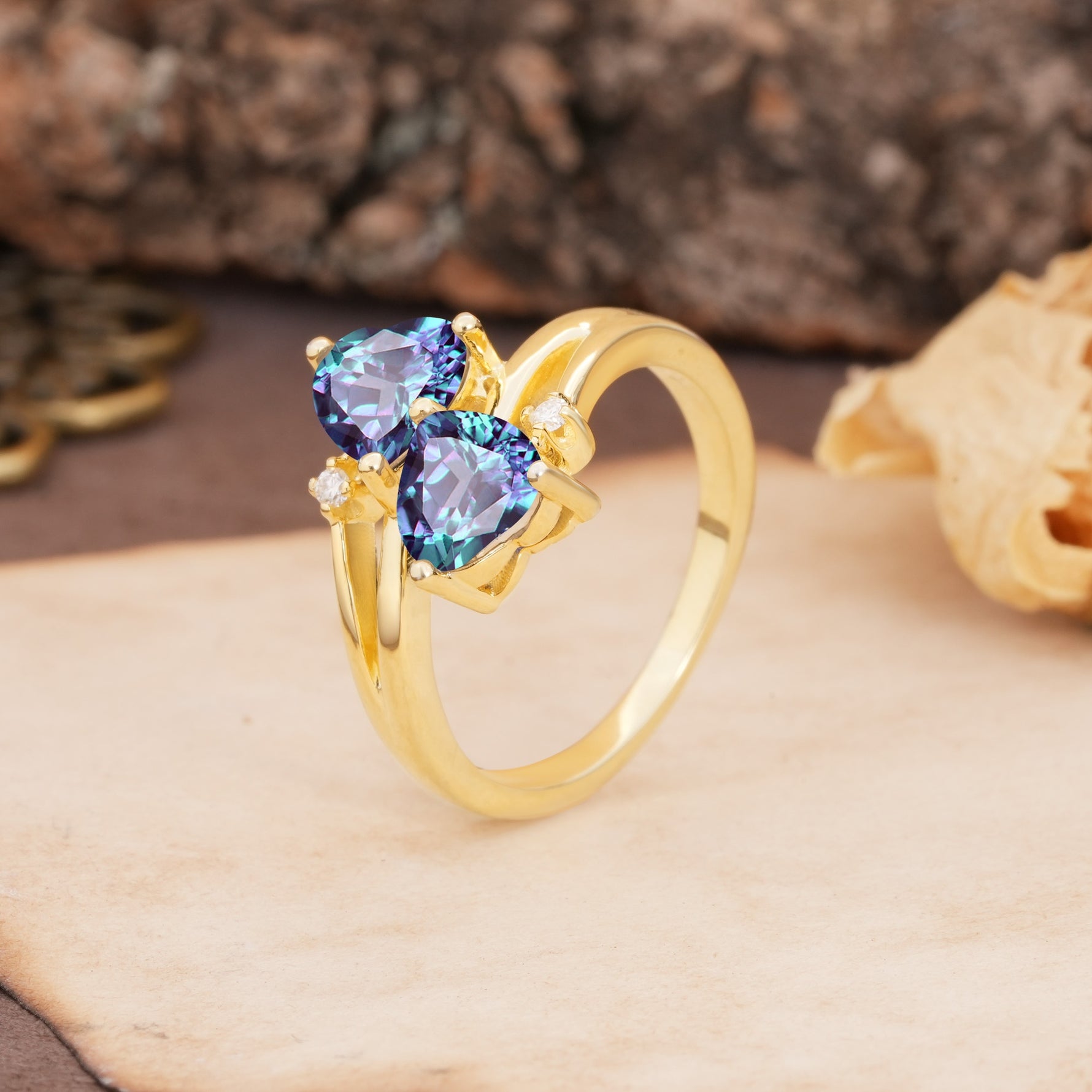 Classic Twisted 3-Prong Double Heart Cut Alexandrite Engagement Ring - Additional view