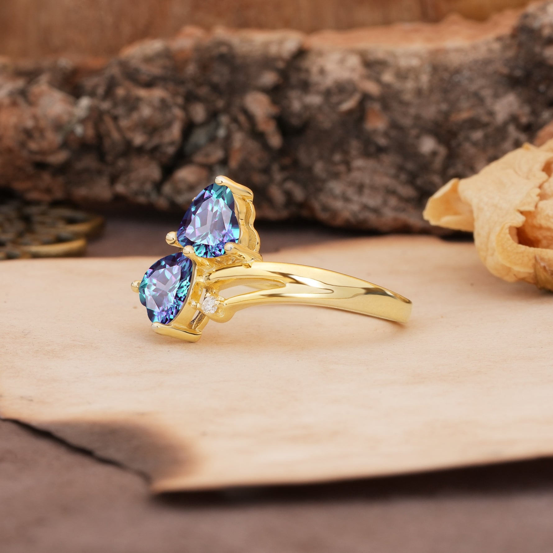 Classic Twisted 3-Prong Double Heart Cut Alexandrite Engagement Ring - Additional view