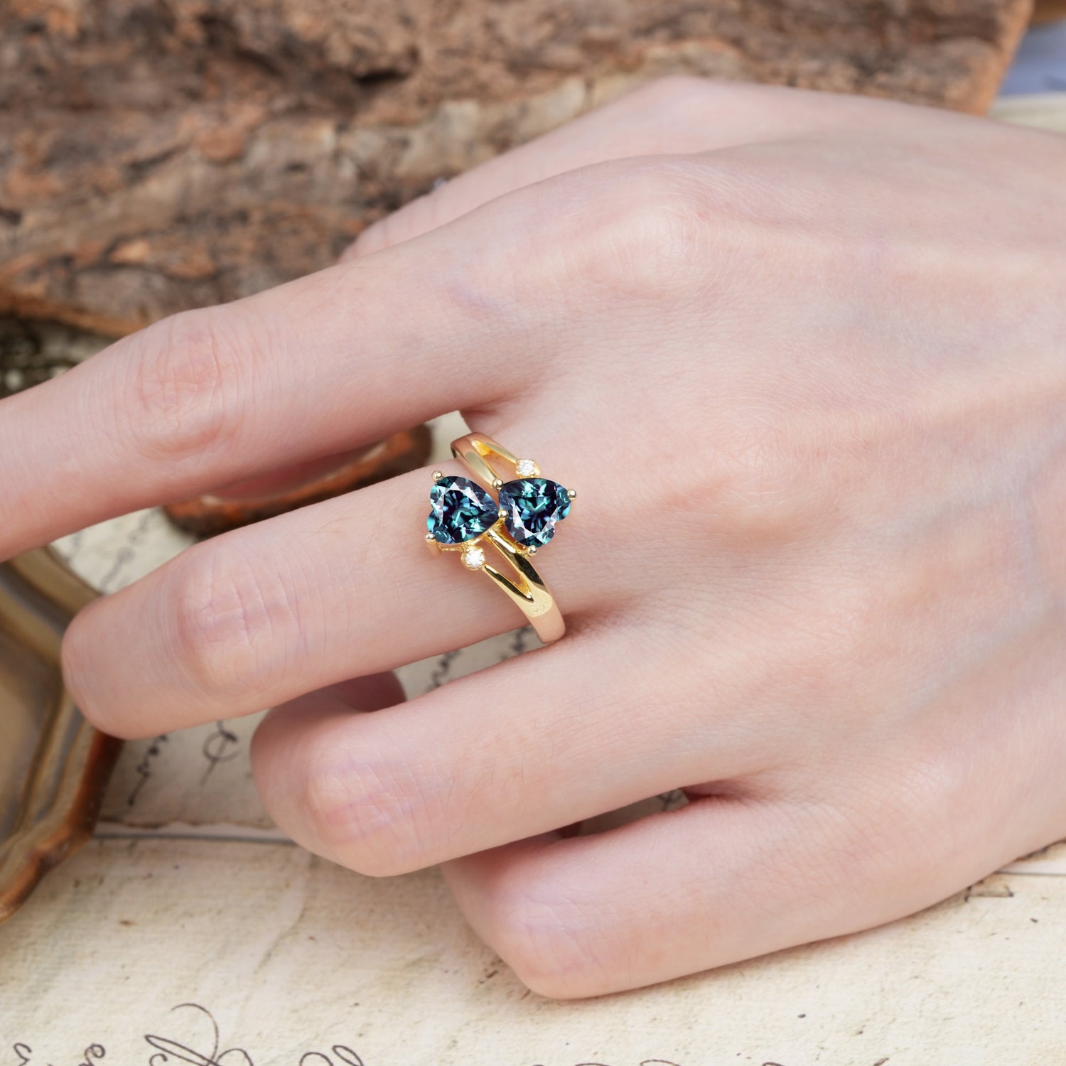 Classic Twisted 3-Prong Double Heart Cut Alexandrite Engagement Ring - Additional view