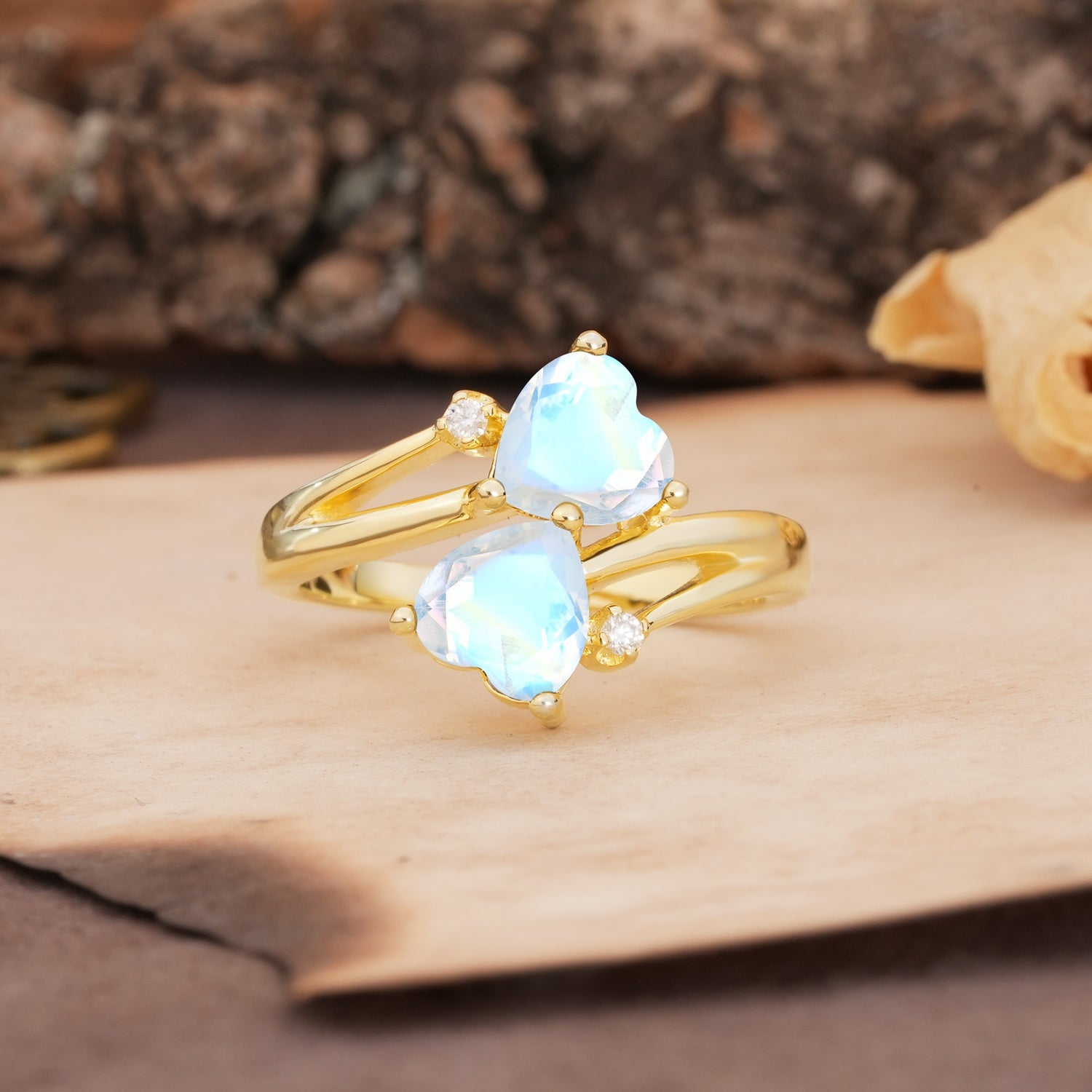 Classic Twisted 3-Prong Double Heart Cut Moonstone Engagement Ring - Additional view