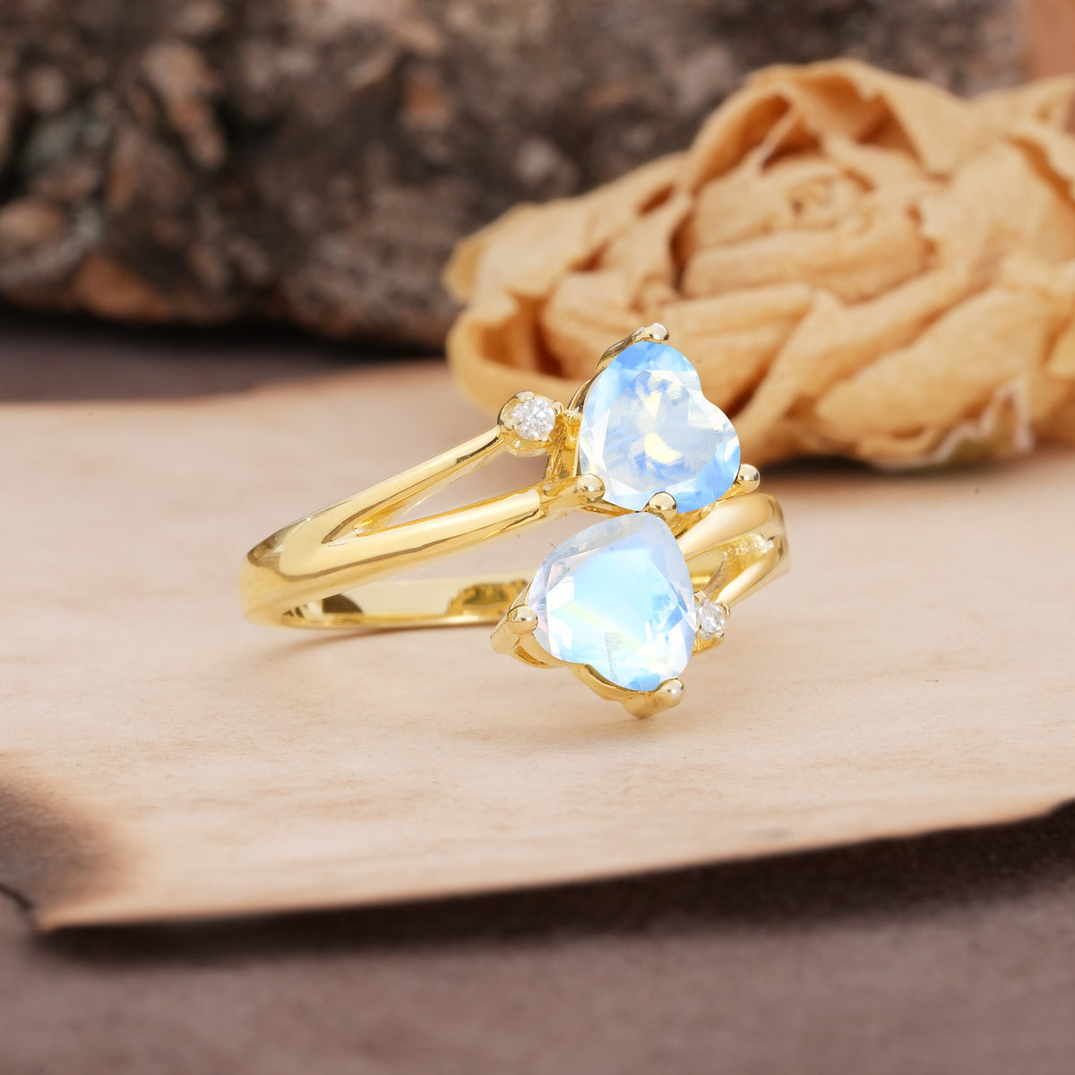 Classic Twisted 3-Prong Double Heart Cut Moonstone Engagement Ring - Additional view