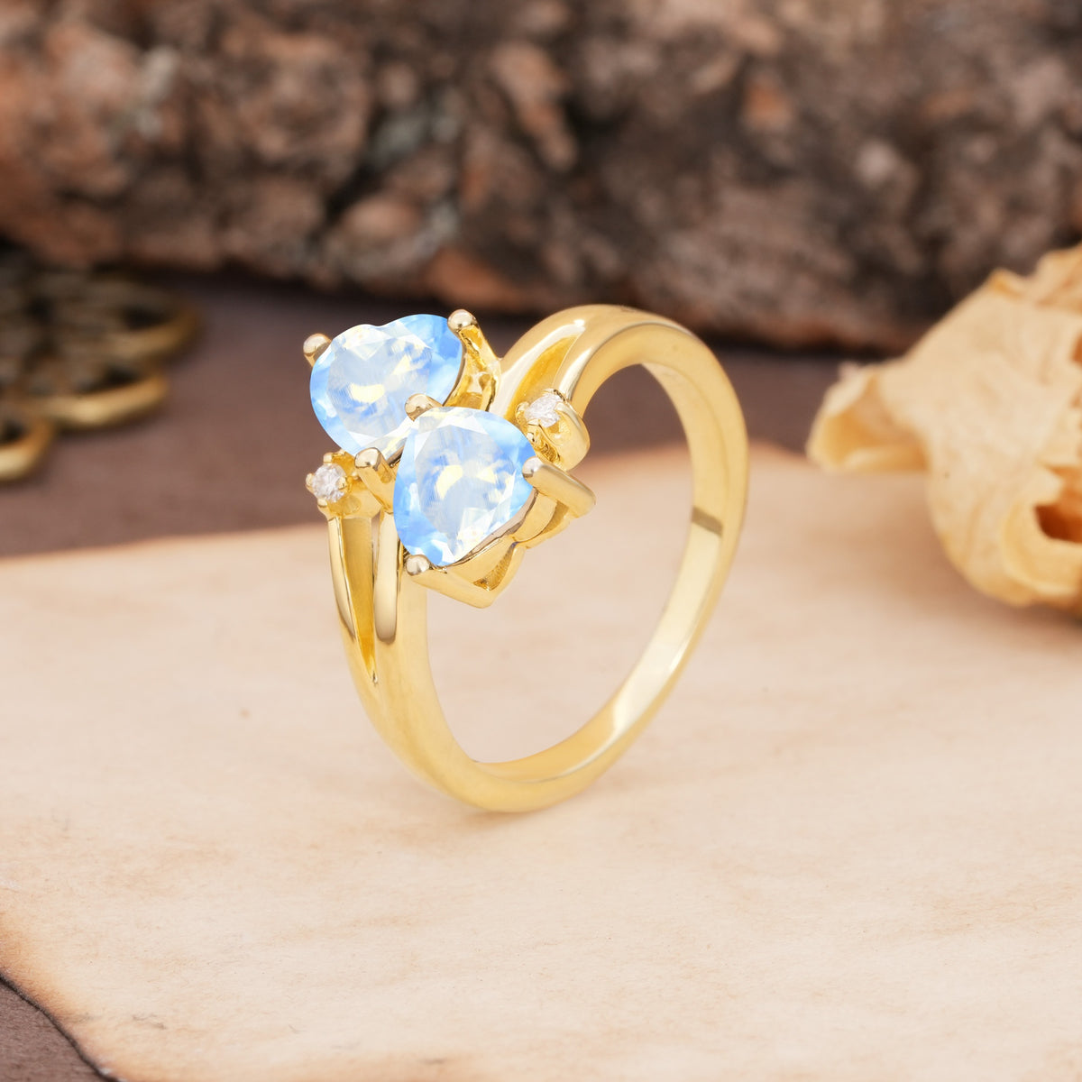 Classic Twisted 3-Prong Double Heart Cut Moonstone Engagement Ring - Additional view