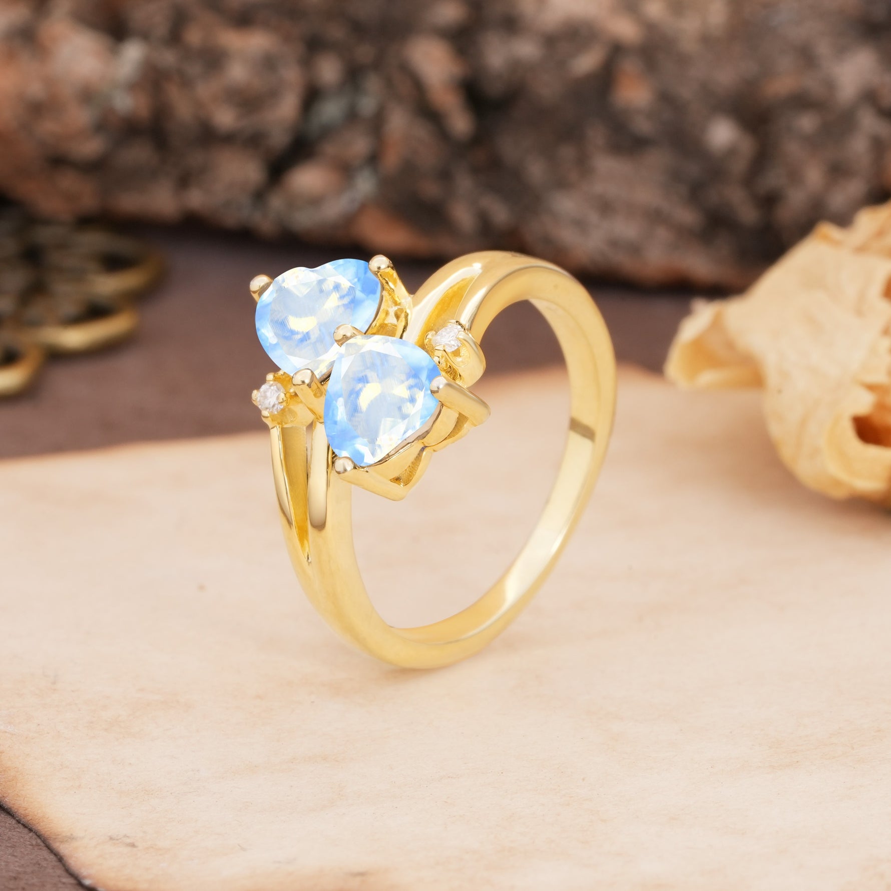 Classic Twisted 3-Prong Double Heart Cut Moonstone Engagement Ring - Additional view