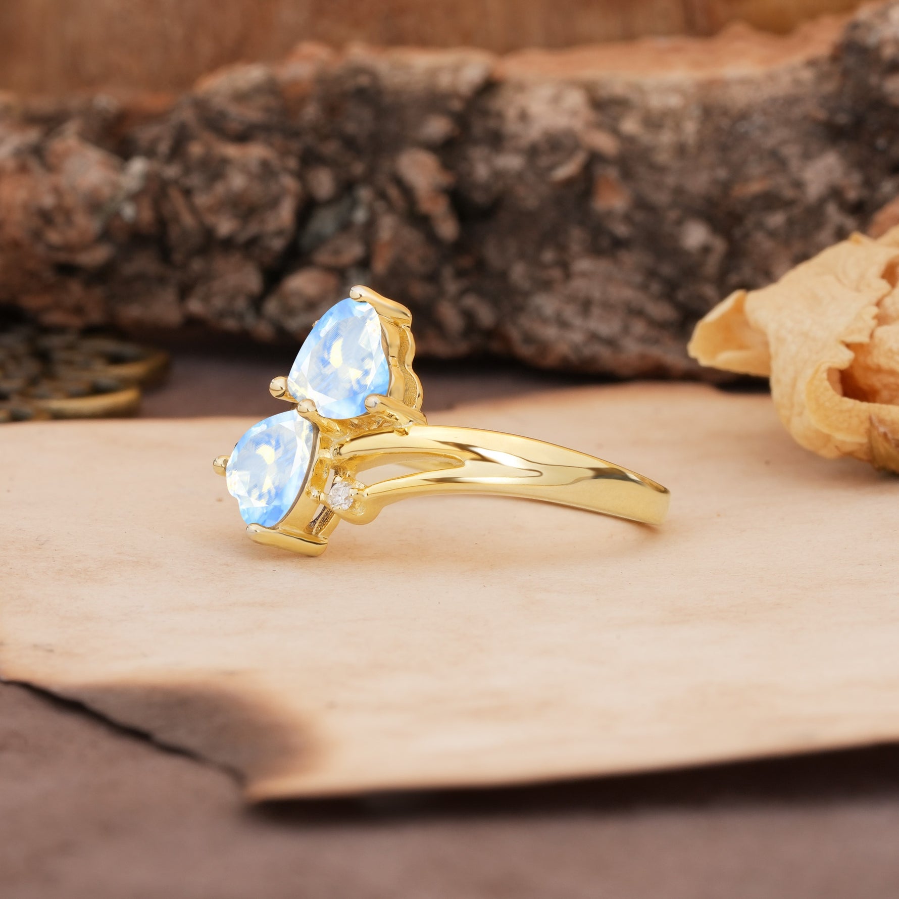 Classic Twisted 3-Prong Double Heart Cut Moonstone Engagement Ring - Additional view