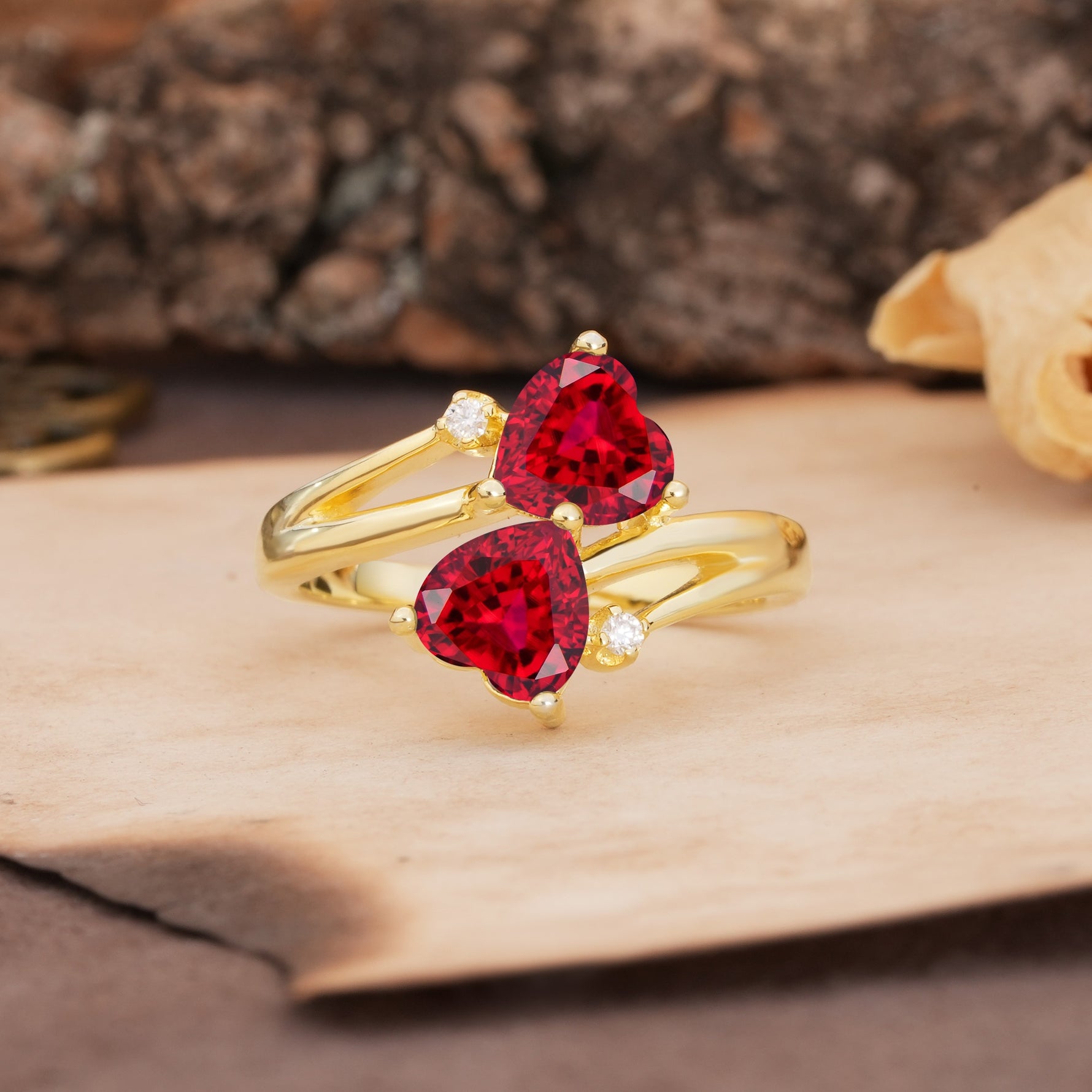 Classic Twisted 3-Prong Double Heart Cut Ruby Engagement Ring - Additional view