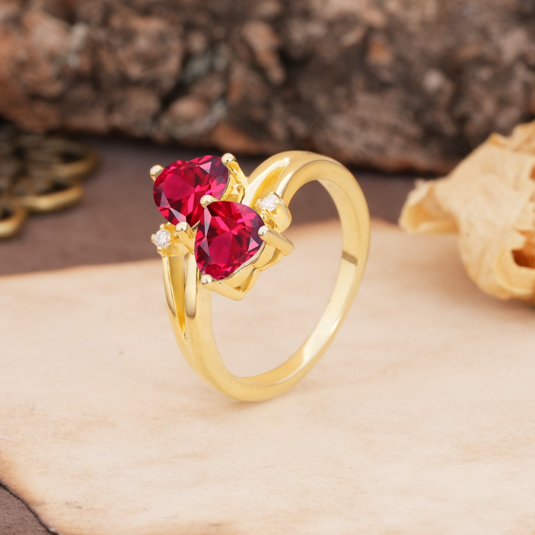 Classic Twisted 3-Prong Double Heart Cut Ruby Engagement Ring - Additional view