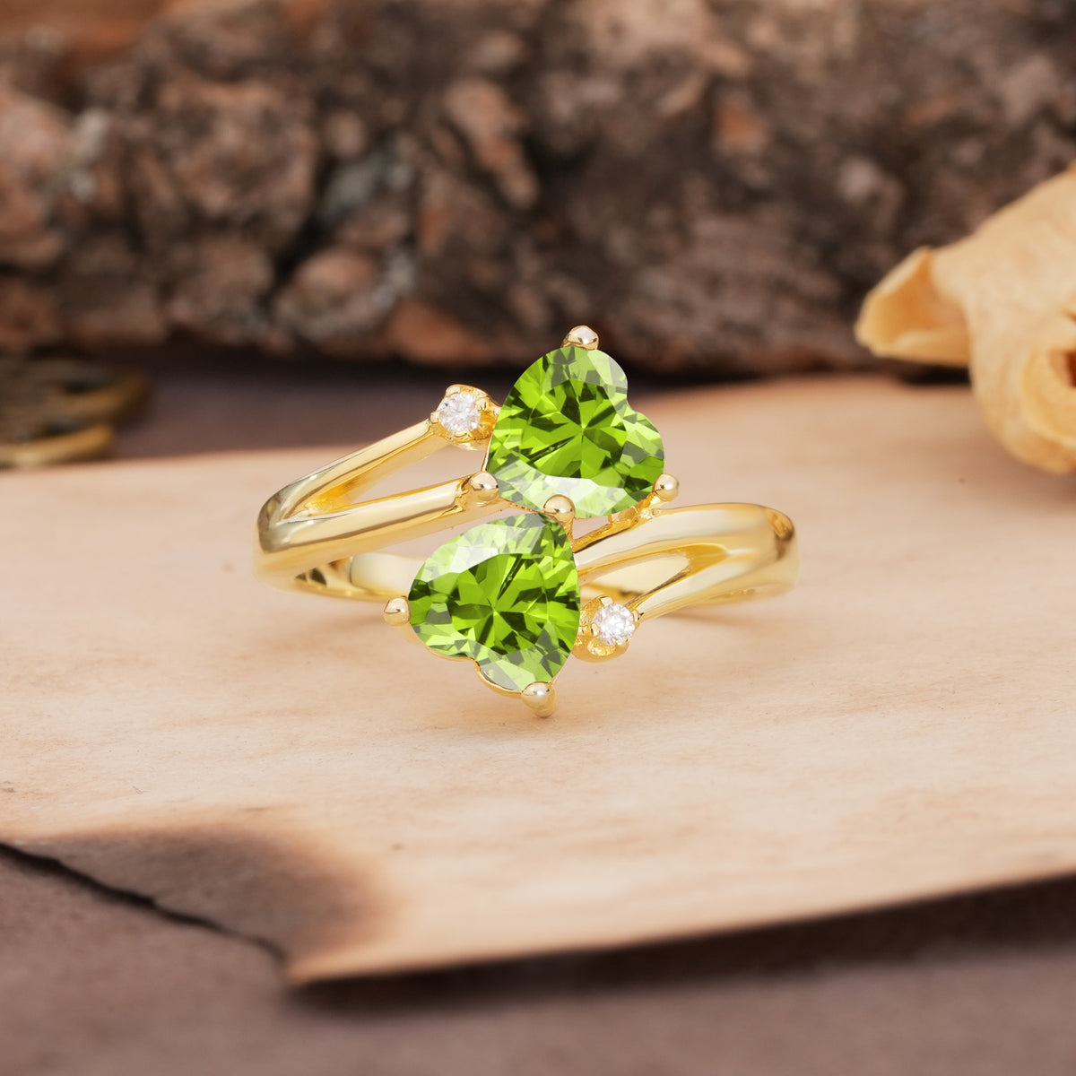 Classic Twisted 3-Prong Double Heart Cut Peridot Engagement Ring - Additional view