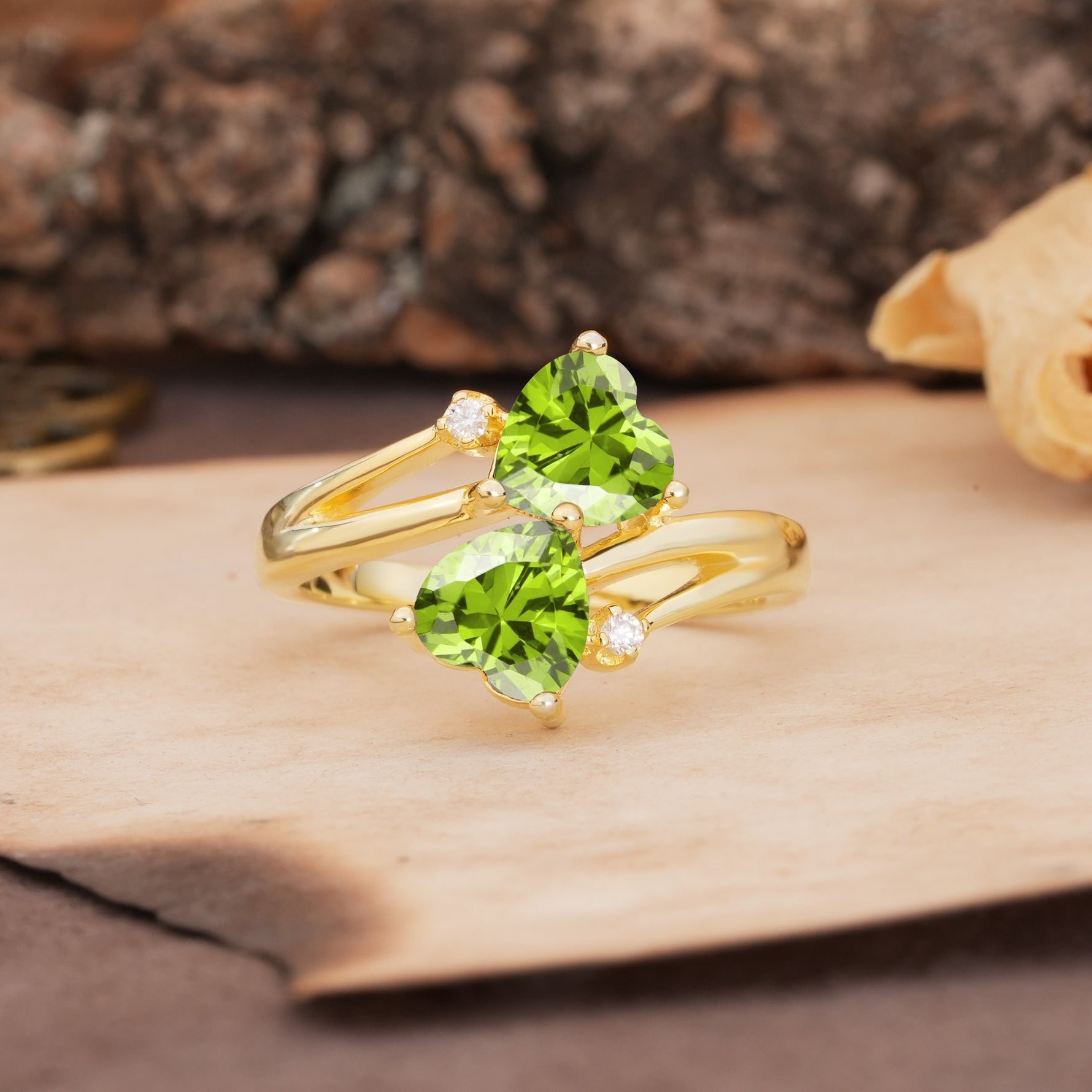 Classic Twisted 3-Prong Double Heart Cut Peridot Engagement Ring - Additional view