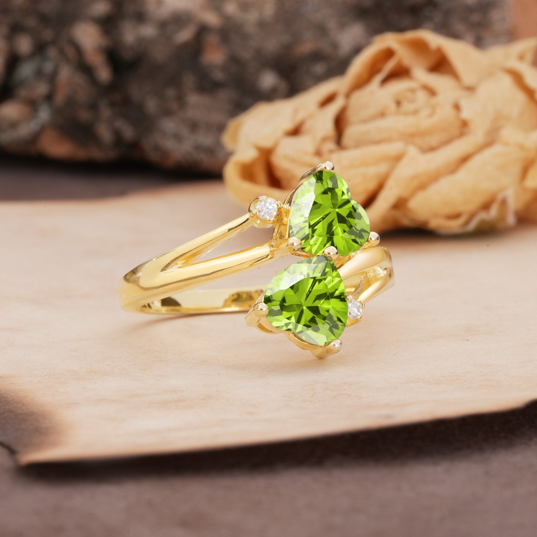 Classic Twisted 3-Prong Double Heart Cut Peridot Engagement Ring - Additional view