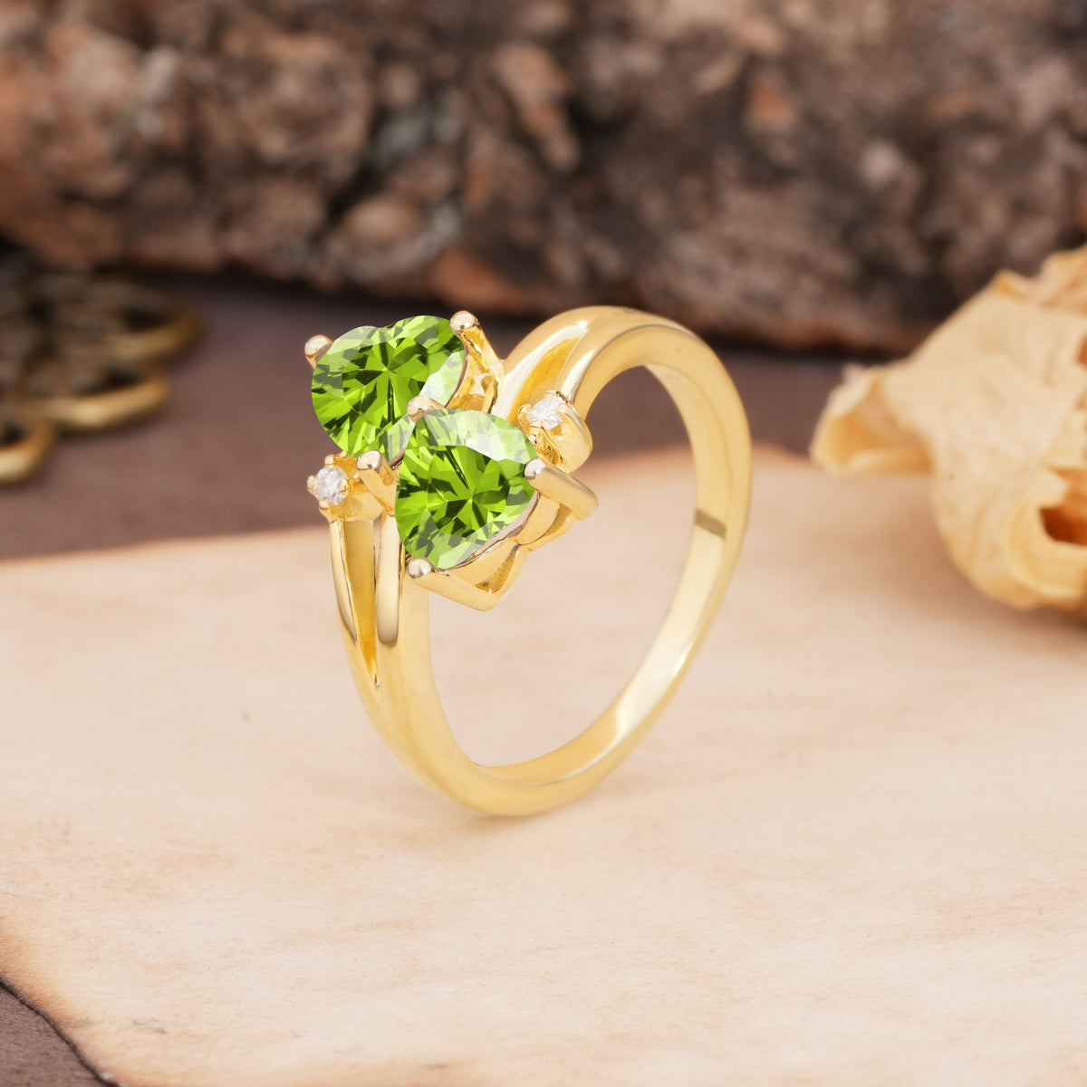 Classic Twisted 3-Prong Double Heart Cut Peridot Engagement Ring - Additional view