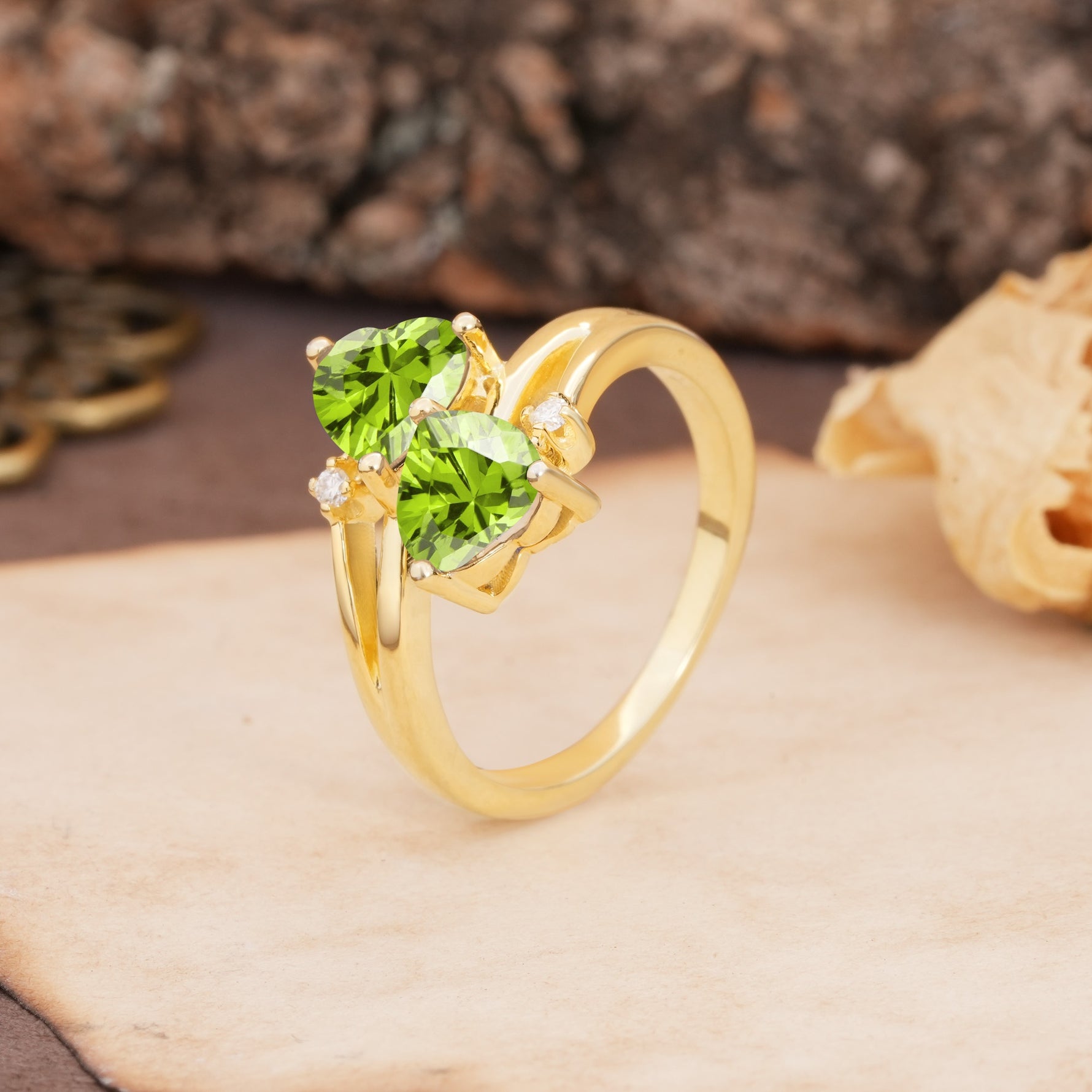 Classic Twisted 3-Prong Double Heart Cut Peridot Engagement Ring - Additional view