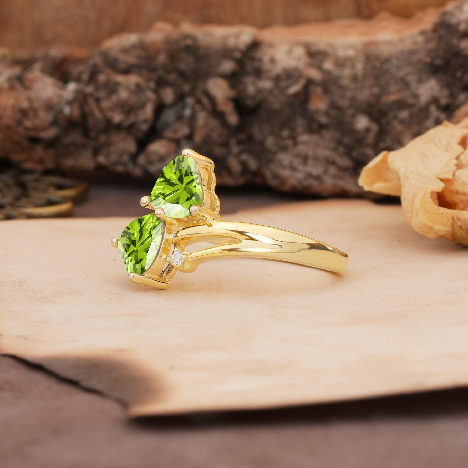 Classic Twisted 3-Prong Double Heart Cut Peridot Engagement Ring - Additional view