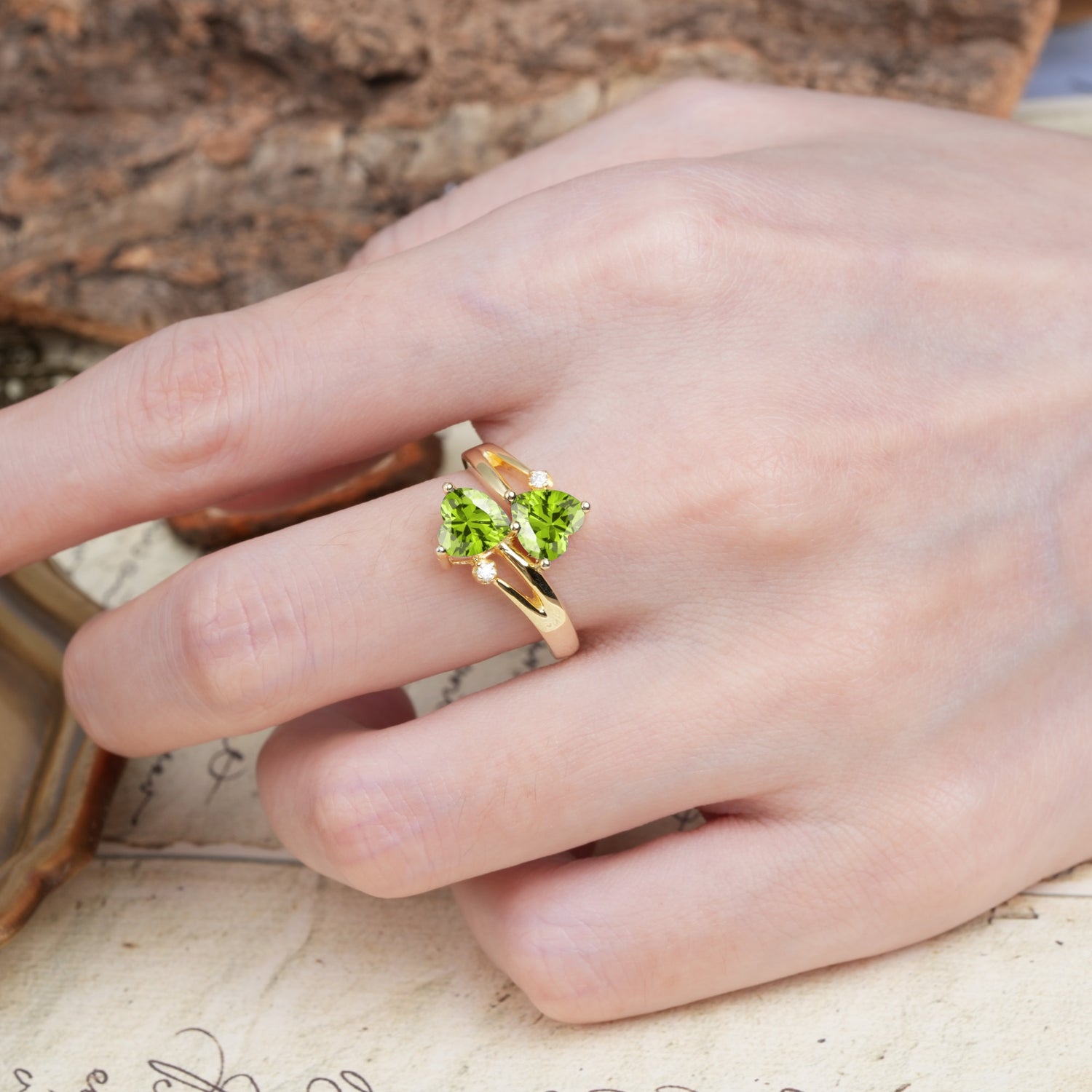 Classic Twisted 3-Prong Double Heart Cut Peridot Engagement Ring - Additional view