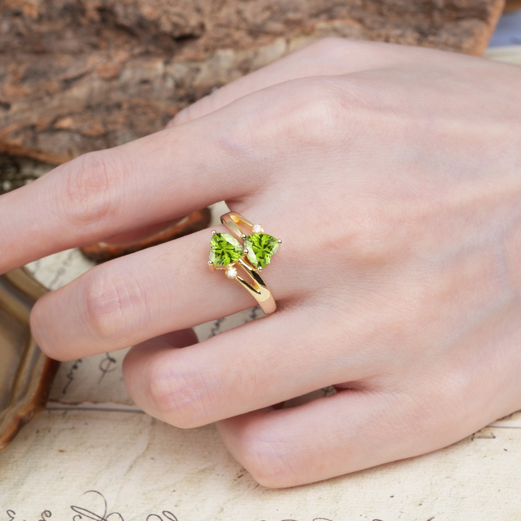 Classic Twisted 3-Prong Double Heart Cut Peridot Engagement Ring - Additional view