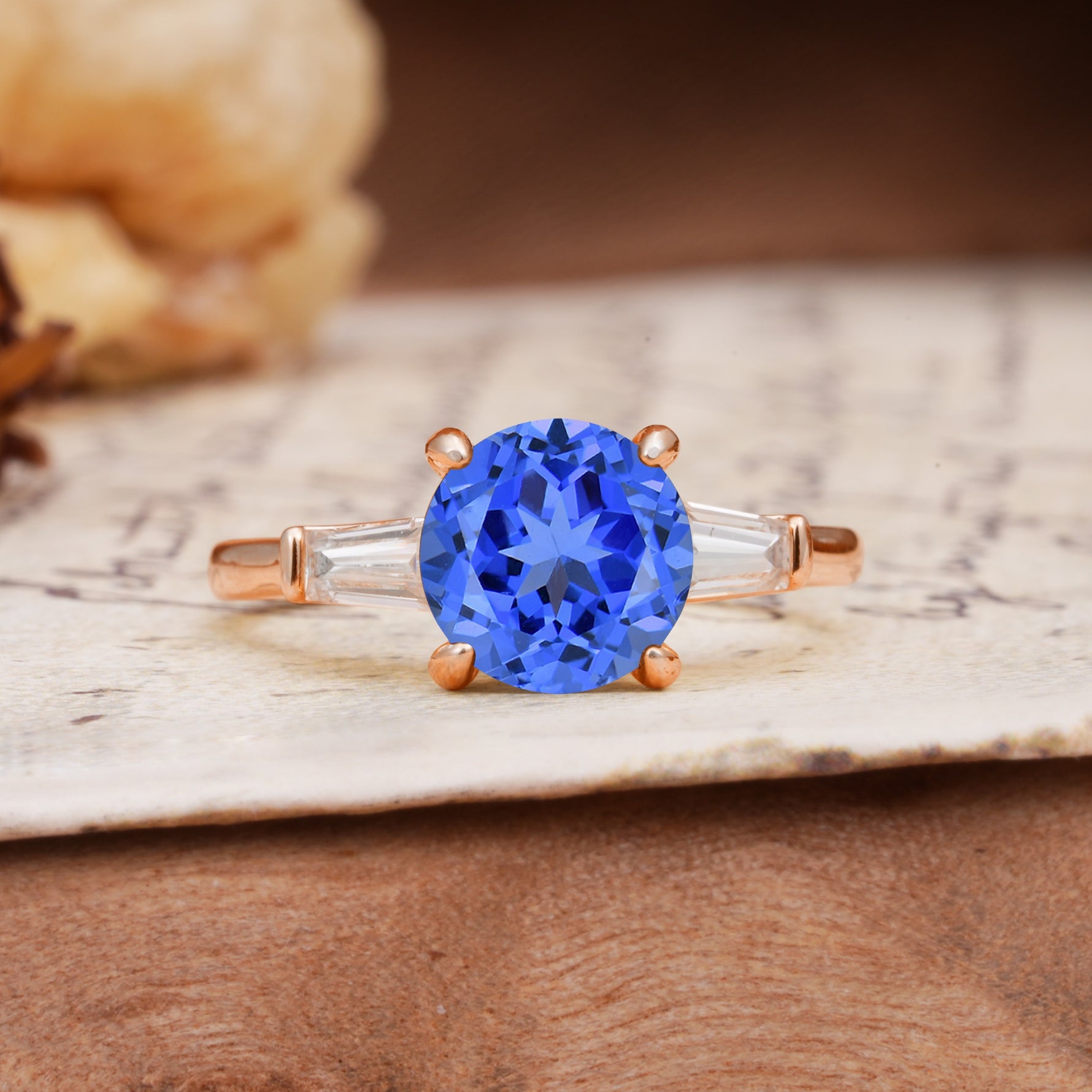 Classic, Minimalist 4-Prong Round Cut Sapphire Three Stones Wedding Ring - Additional view