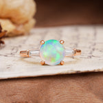 Classic, Minimalist 4-Prong Round Cut Fire Opal Three Stones Wedding Ring - Additional view
