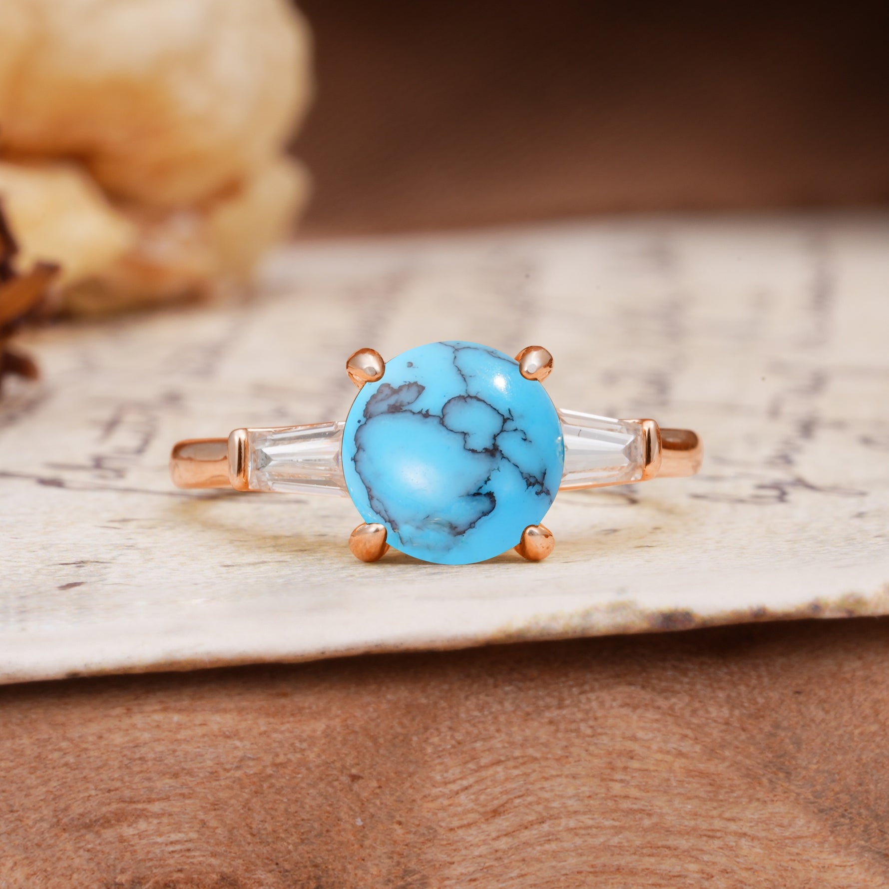 Classic, Minimalist 4-Prong Round Cut Turquoise Three Stones Wedding Ring - Additional view
