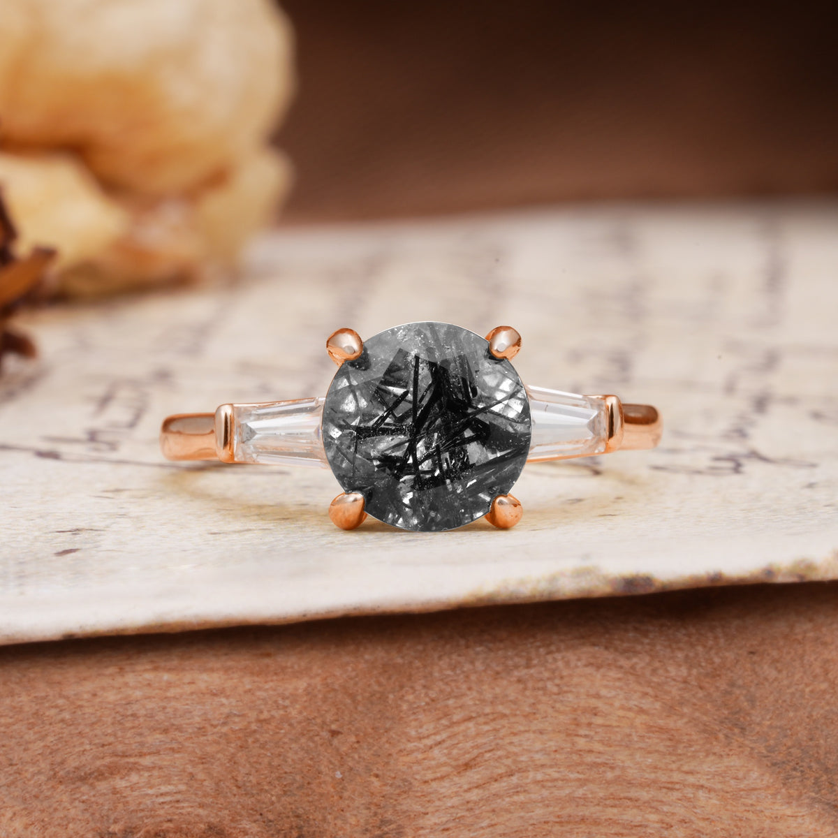 Classic, Minimalist 4-Prong Round Cut Black Rutilated Quartz Three Stones Wedding Ring - Additional view
