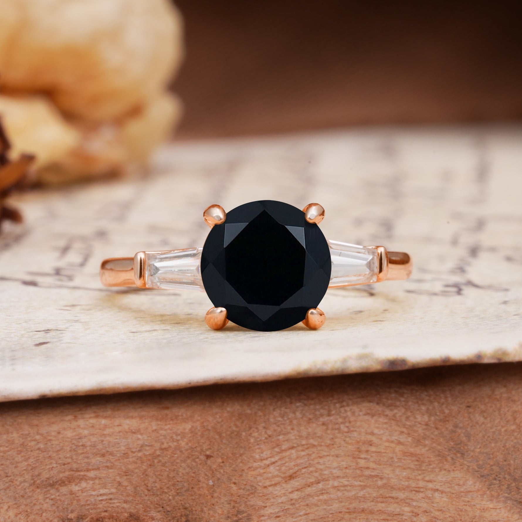 Classic, Minimalist 4-Prong Round Cut Black Onyx Three Stones Wedding Ring - Additional view