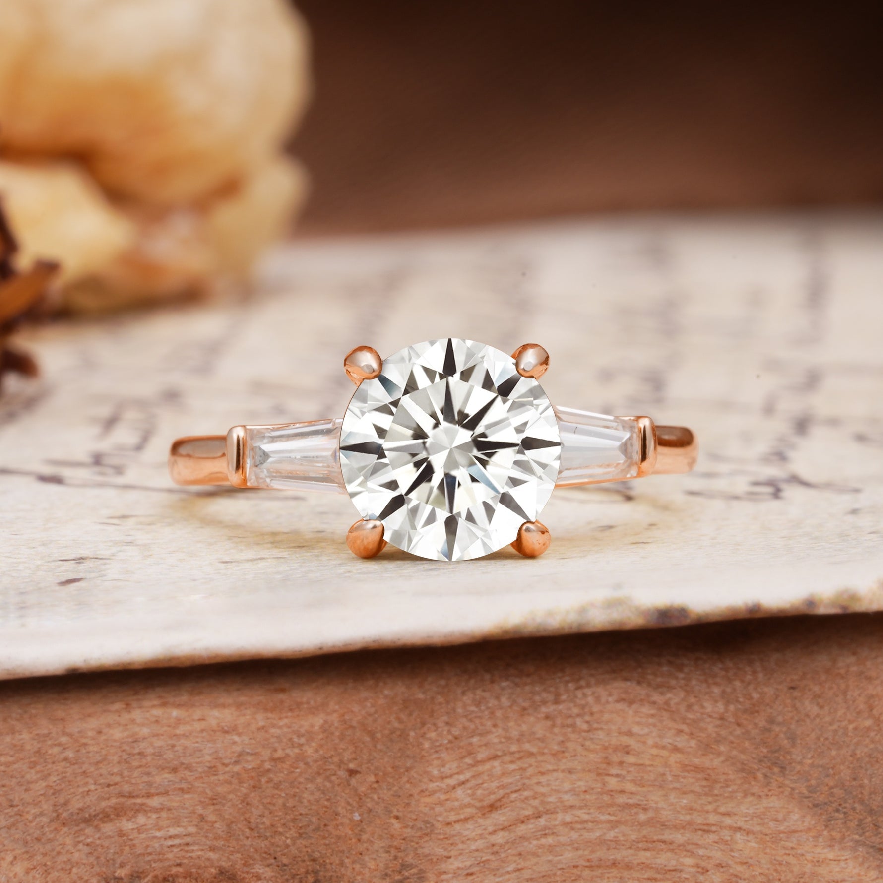 Classic, Minimalist 4-Prong Round Cut Lab Diamond Three Stones Wedding Ring - Additional view