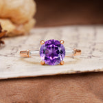 Classic, Minimalist 4-Prong Round Cut Amethyst Three Stones Wedding Ring - Additional view