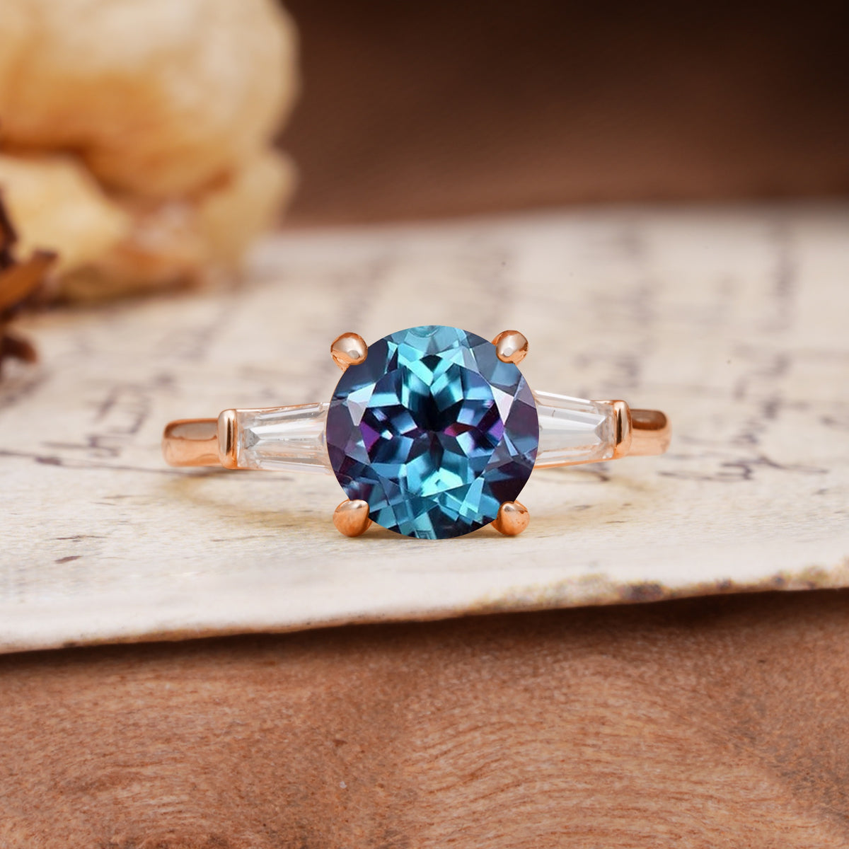 Classic, Minimalist 4-Prong Round Cut Alexandrite Three Stones Wedding Ring - Additional view