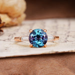 Classic, Minimalist 4-Prong Round Cut Alexandrite Three Stones Wedding Ring - Additional view