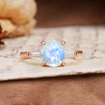 Classic, Minimalist 4-Prong Round Cut Moonstone Three Stones Wedding Ring - Additional view