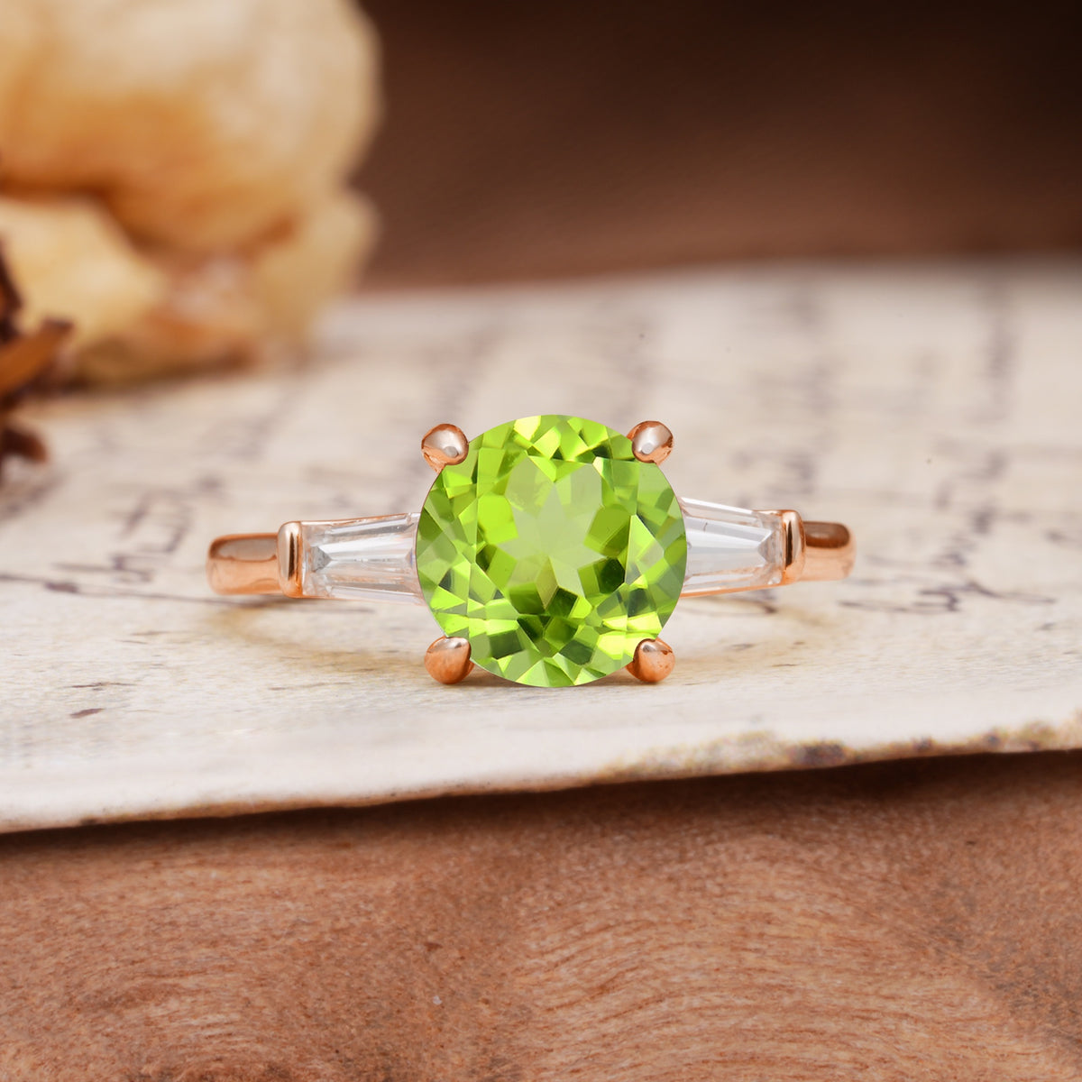 Classic, Minimalist 4-Prong Round Cut Peridot Three Stones Wedding Ring - Additional view