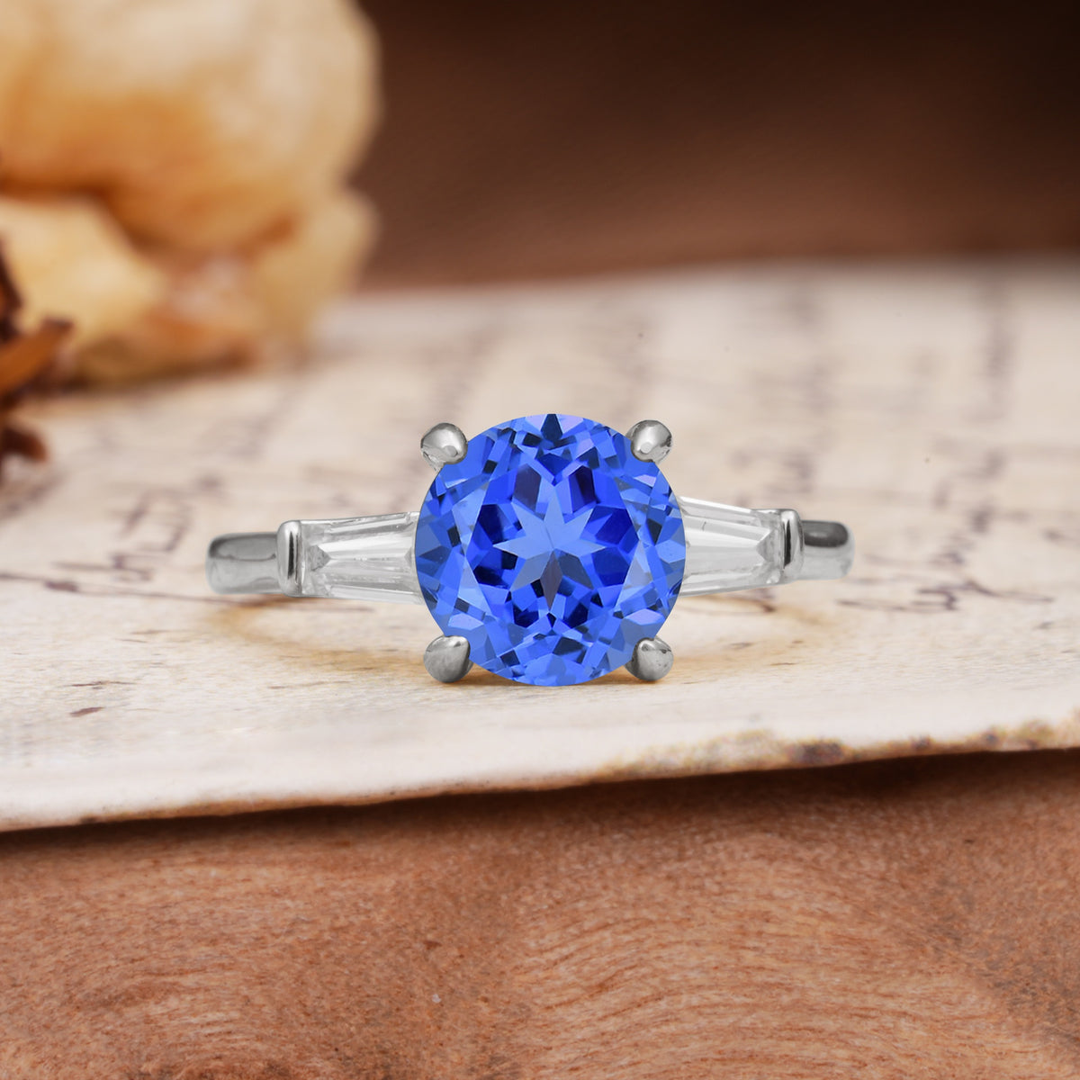 Classic, Minimalist 4-Prong Round Cut Sapphire Three Stones Wedding Ring - Additional view