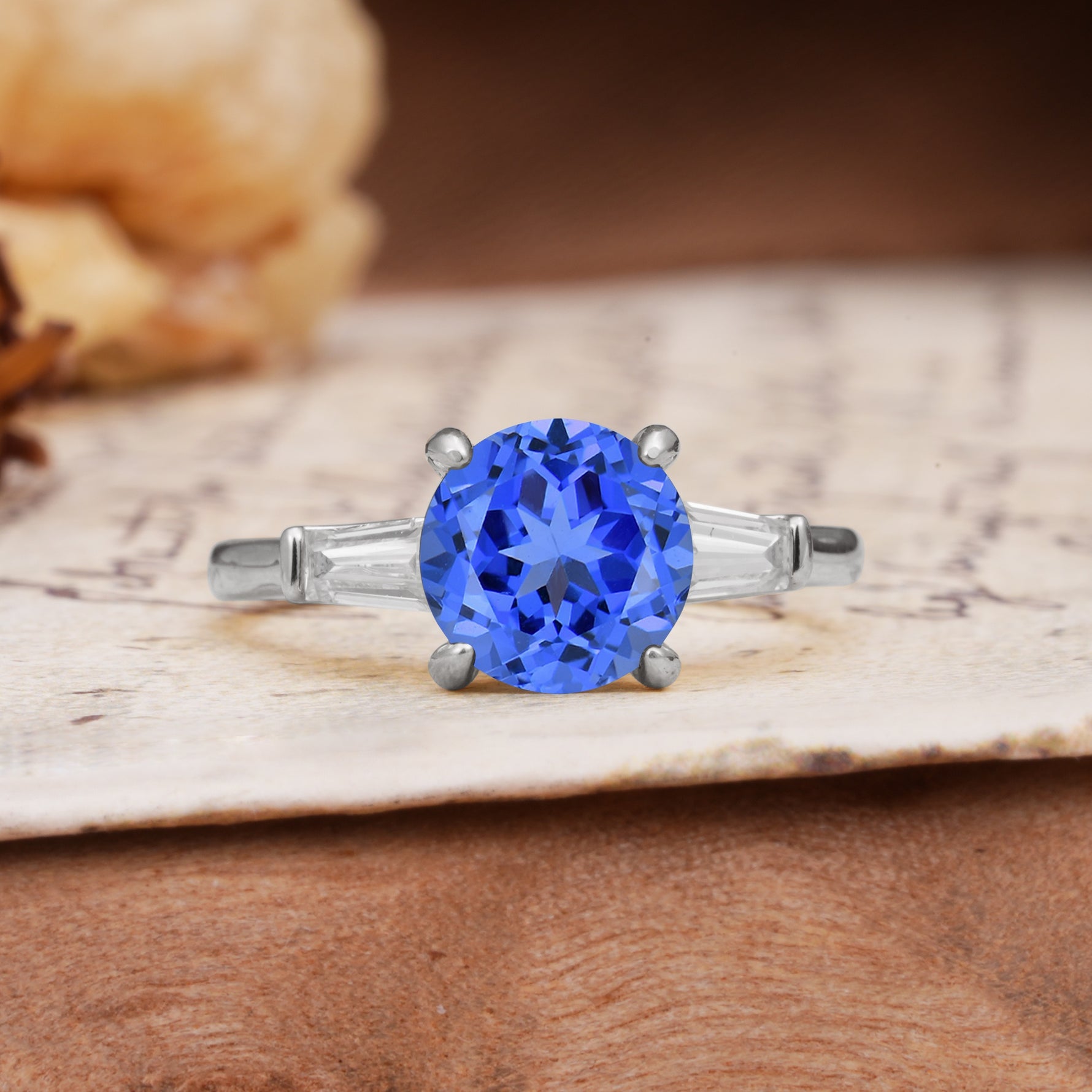 Classic, Minimalist 4-Prong Round Cut Sapphire Three Stones Wedding Ring - Additional view