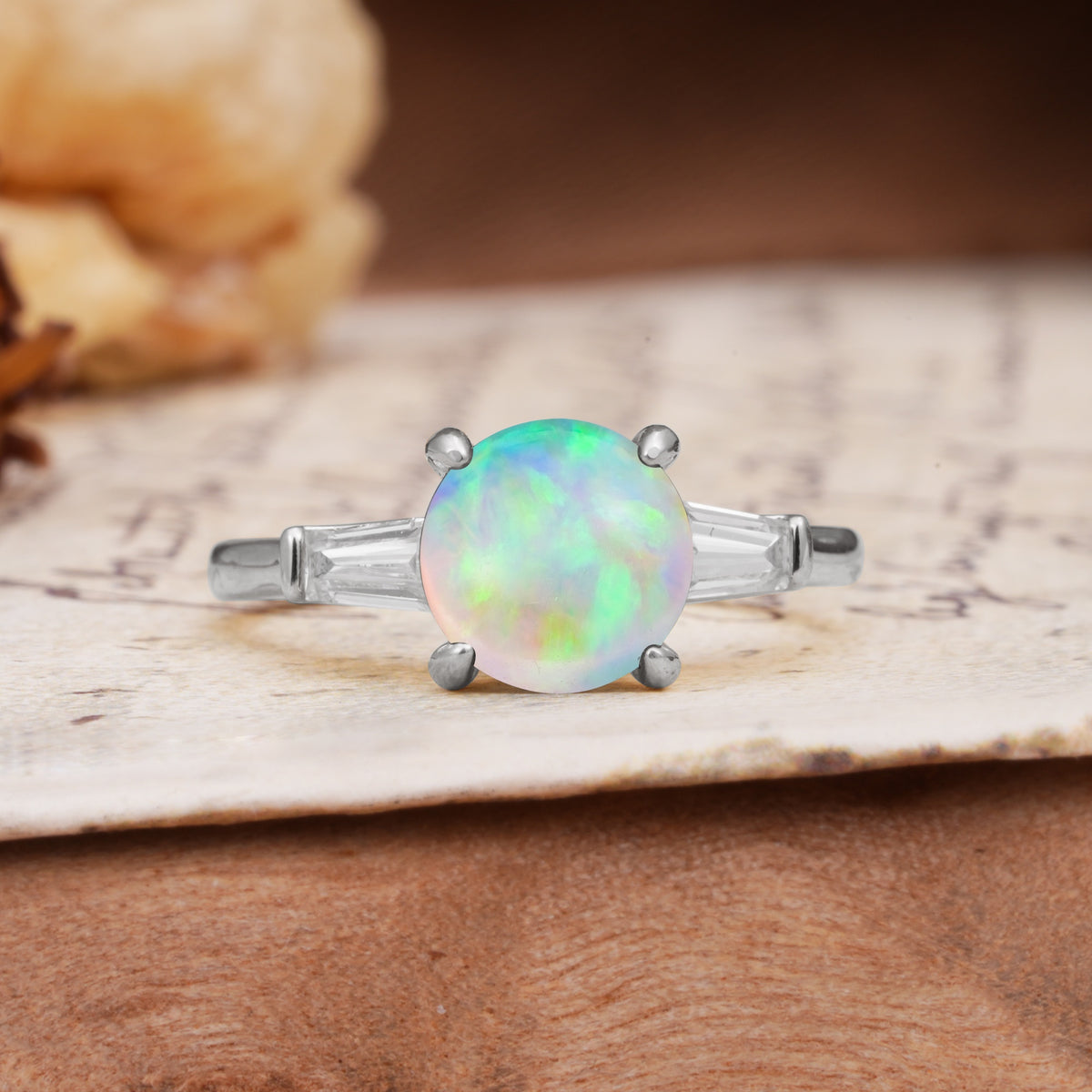 Classic, Minimalist 4-Prong Round Cut Fire Opal Three Stones Wedding Ring - Additional view