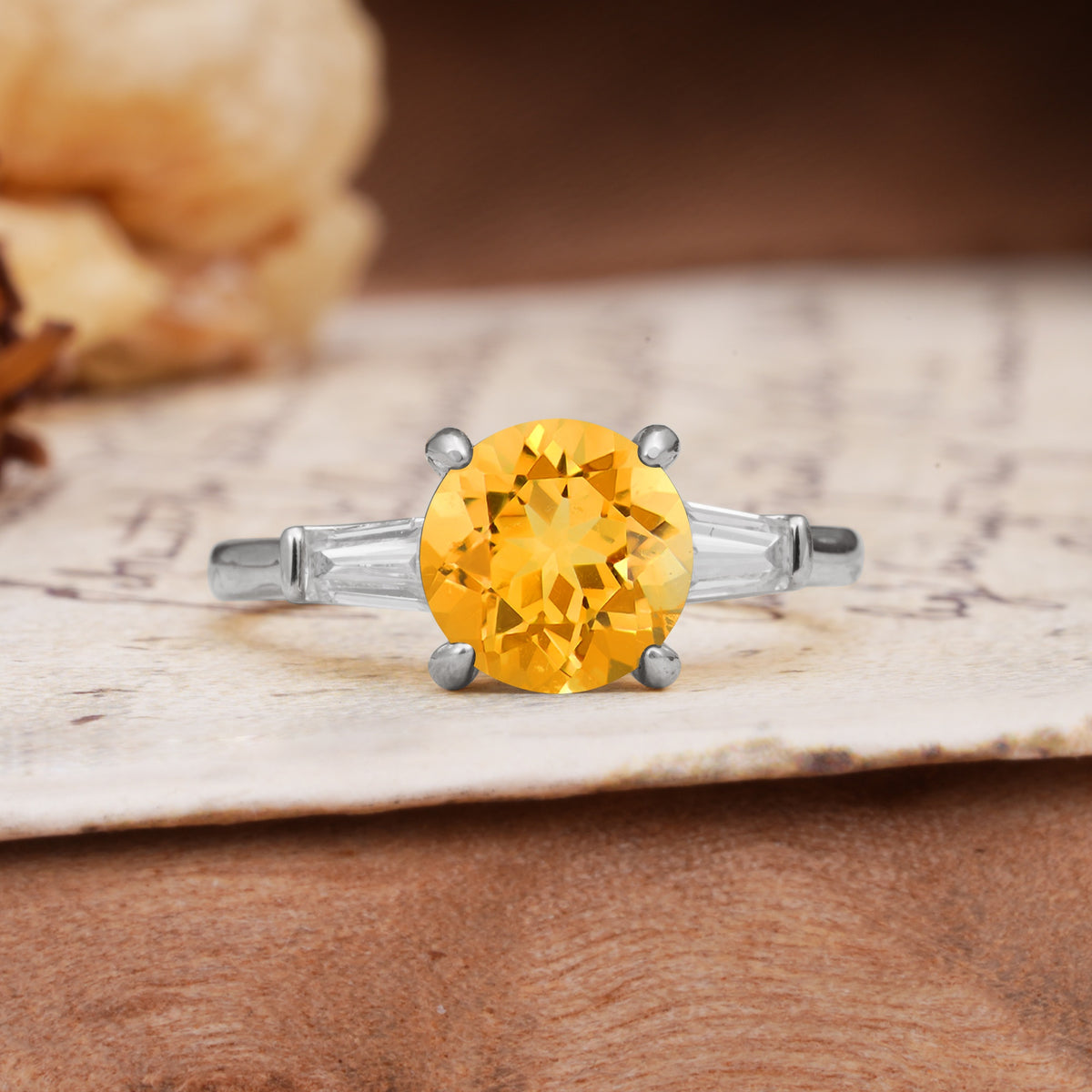 Classic, Minimalist 4-Prong Round Cut Citrine Three Stones Wedding Ring - Additional view