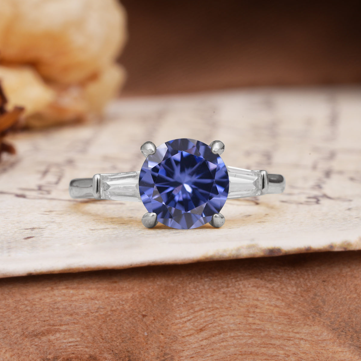 Classic, Minimalist 4-Prong Round Cut Tanzanite Three Stones Wedding Ring - Additional view