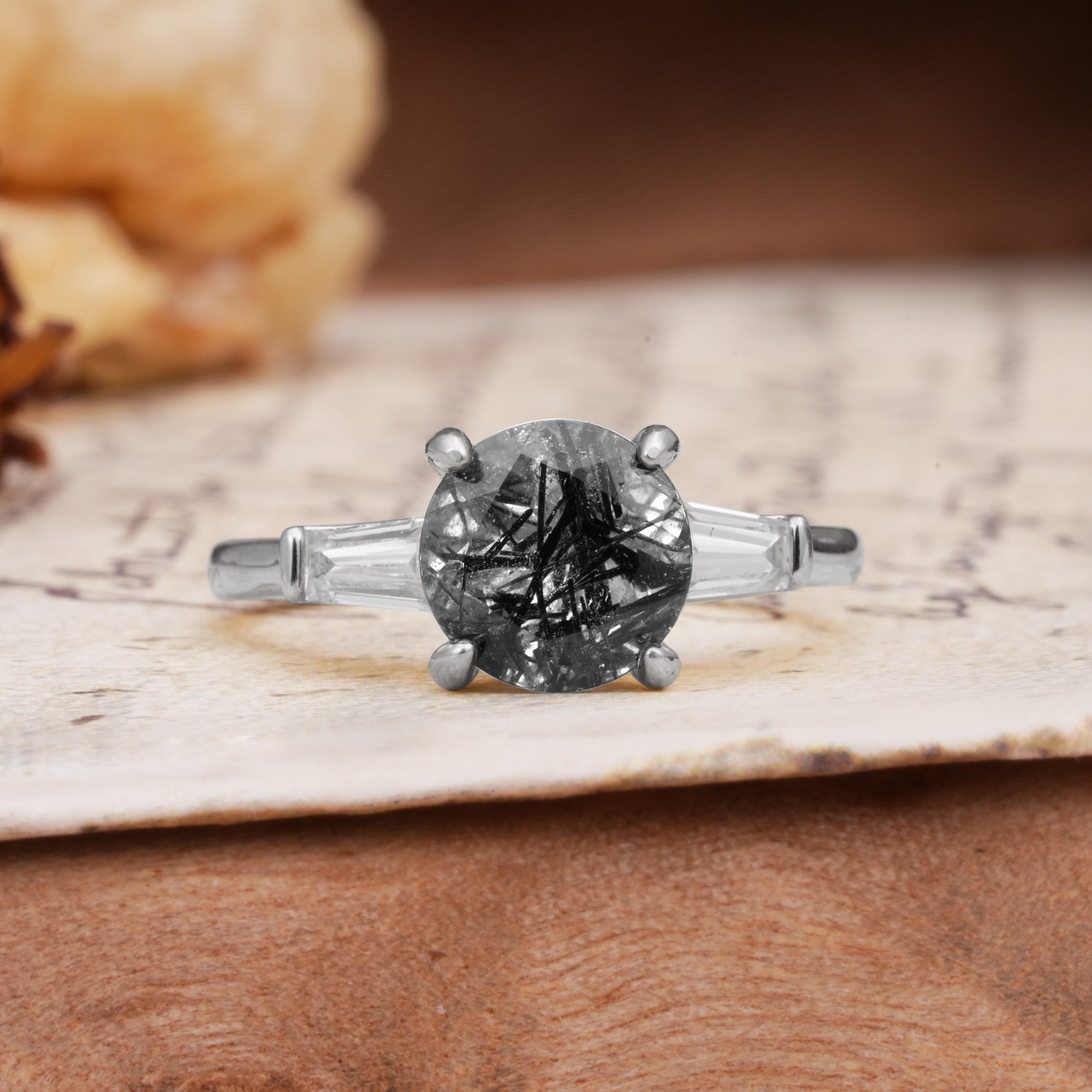Classic, Minimalist 4-Prong Round Cut Black Rutilated Quartz Three Stones Wedding Ring - Additional view