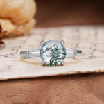 Classic, Minimalist 4-Prong Round Cut Moss Agate Three Stones Wedding Ring - Additional view
