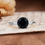 Classic, Minimalist 4-Prong Round Cut Black Onyx Three Stones Wedding Ring - Additional view
