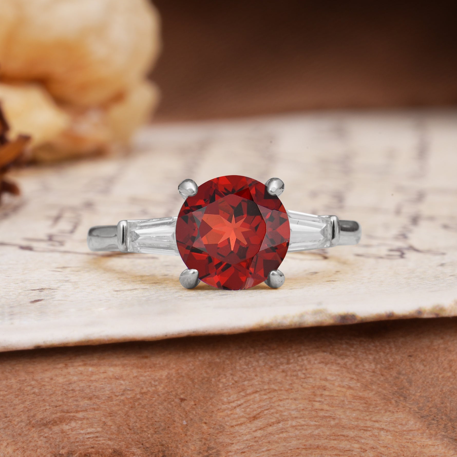 Classic, Minimalist 4-Prong Round Cut Garnet Three Stones Wedding Ring - Additional view