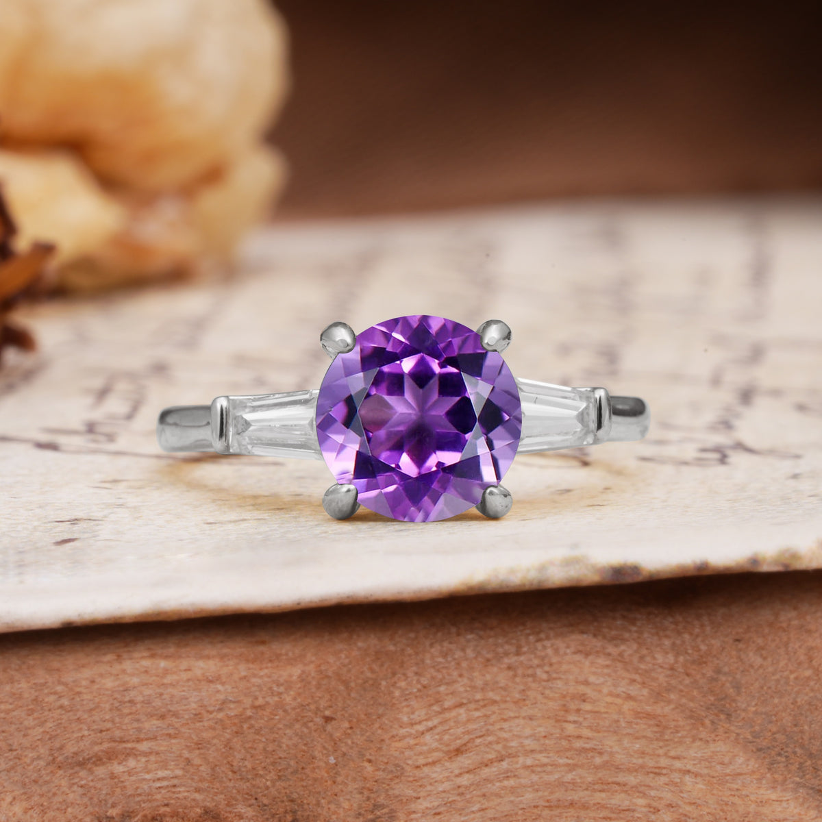 Classic, Minimalist 4-Prong Round Cut Amethyst Three Stones Wedding Ring - Additional view