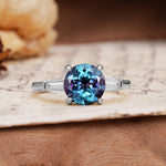 Classic, Minimalist 4-Prong Round Cut Alexandrite Three Stones Wedding Ring - Additional view