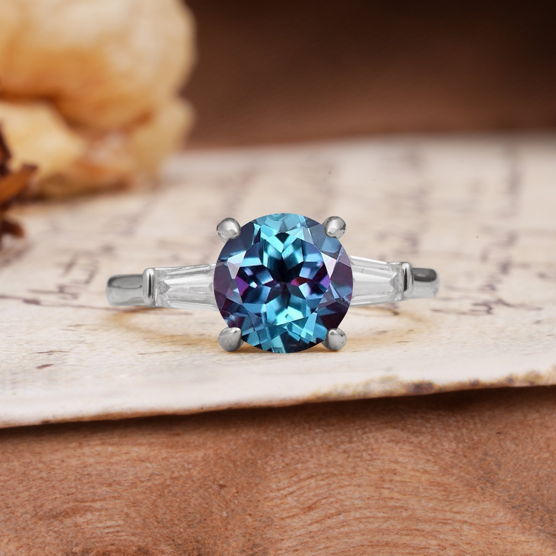 Classic, Minimalist 4-Prong Round Cut Alexandrite Three Stones Wedding Ring - Additional view