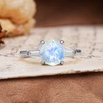 Classic, Minimalist 4-Prong Round Cut Moonstone Three Stones Wedding Ring - Additional view