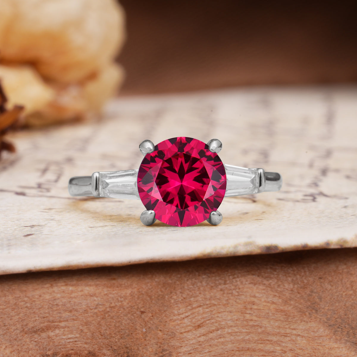 Classic, Minimalist 4-Prong Round Cut Ruby Three Stones Wedding Ring - Additional view